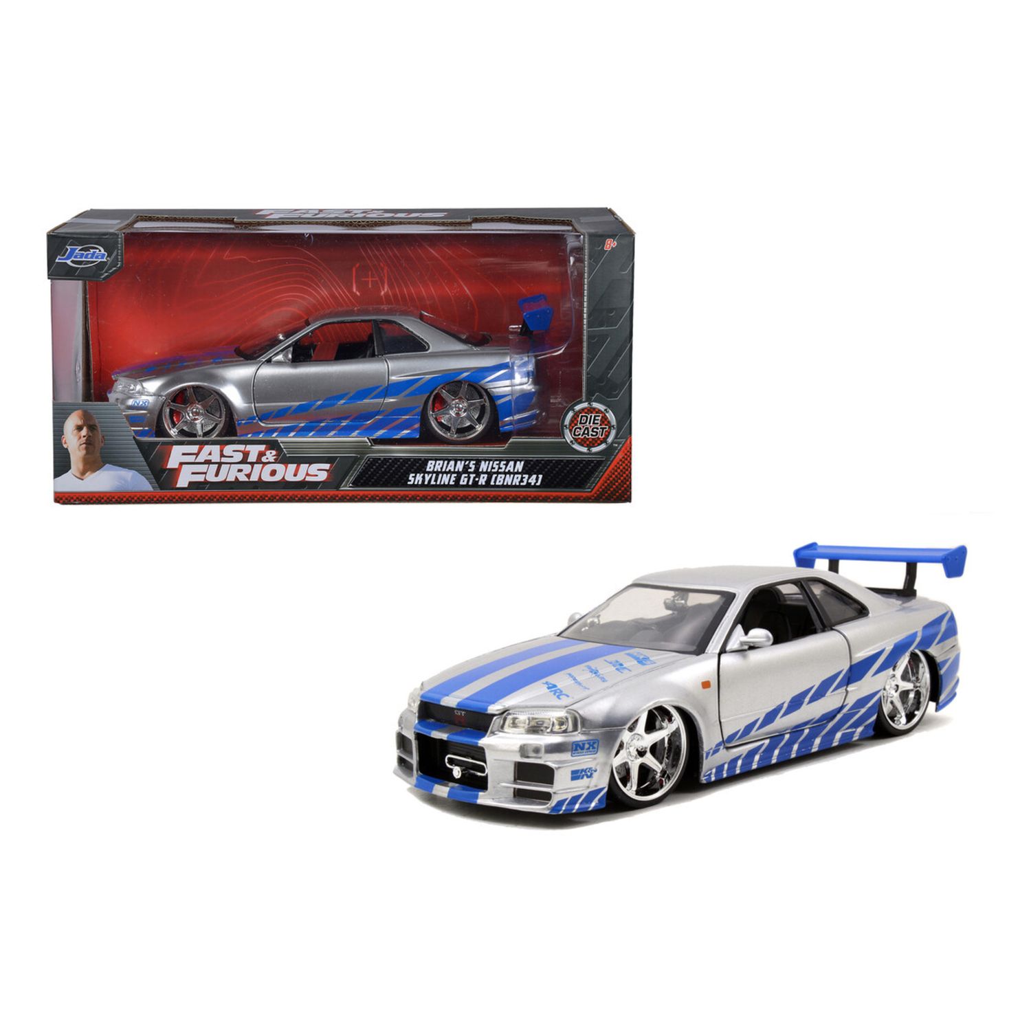 Jada nisan skyline gt-r r34 argento, scala 1:24, cm 19, porte apribili, ruota libera - INVINCIBLE HEROES