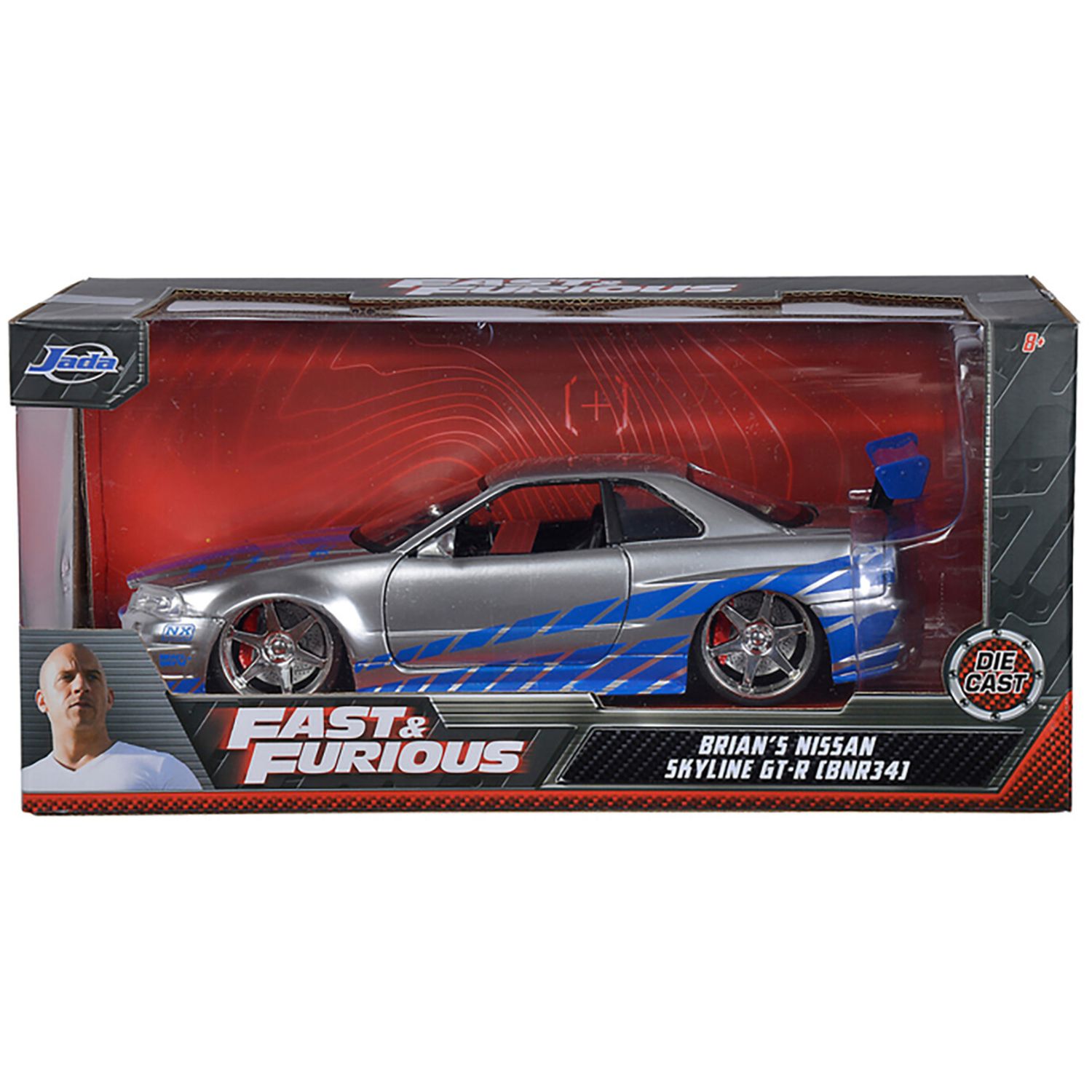 Jada nisan skyline gt-r r34 argento, scala 1:24, cm 19, porte apribili, ruota libera - INVINCIBLE HEROES