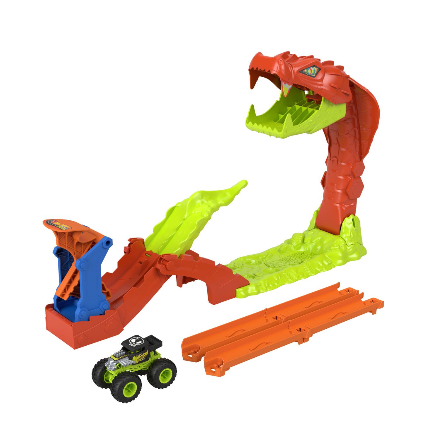 Hot wheels monster trucks – attacco del serpente - set pista con lanciatore e veicolo bone shaker 1:64 incluso - Hot Wheels