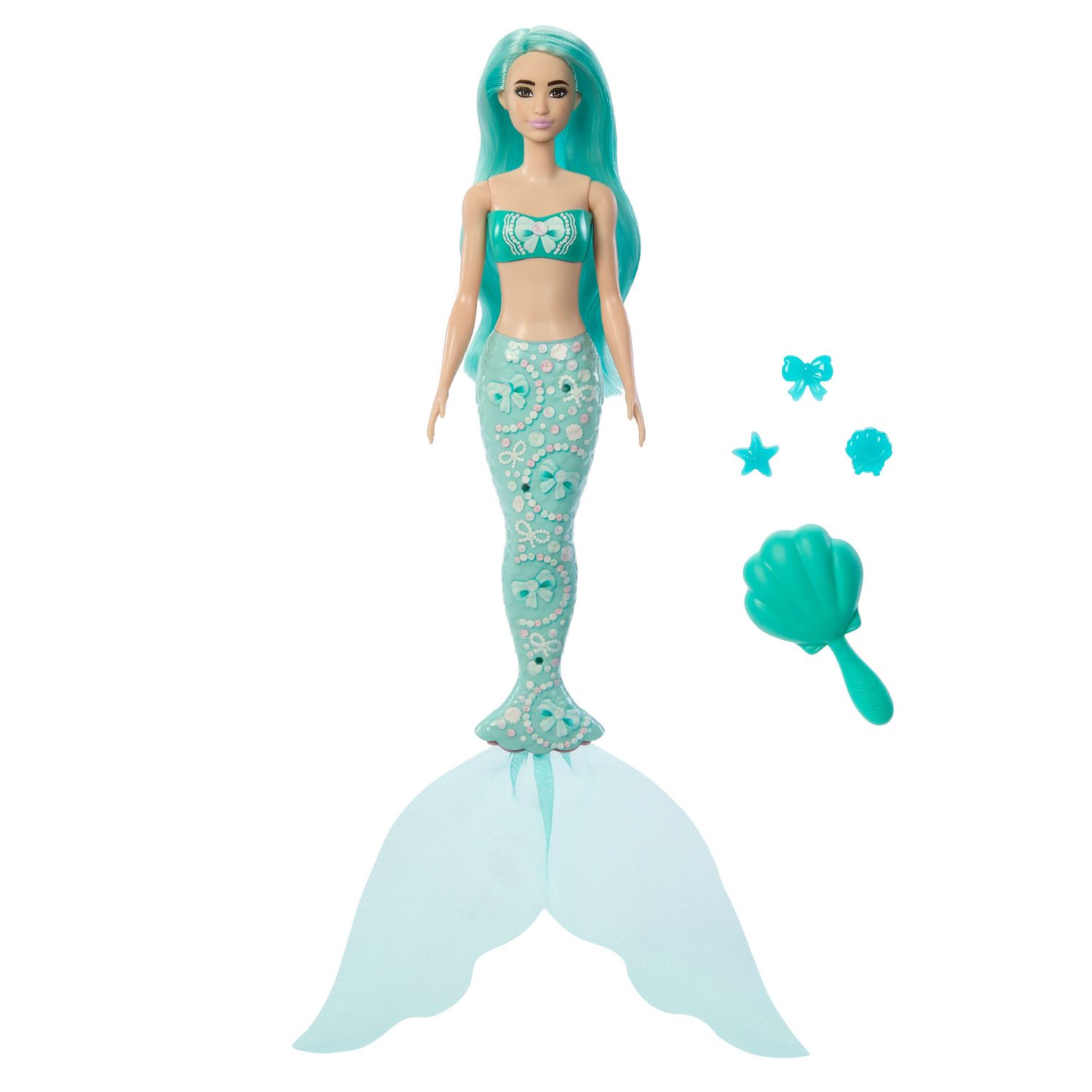 Barbie color reveal - tesori del mare, bambola sirena con effetto cambia colore, 6 accessori a sorpresa inclusi - Barbie
