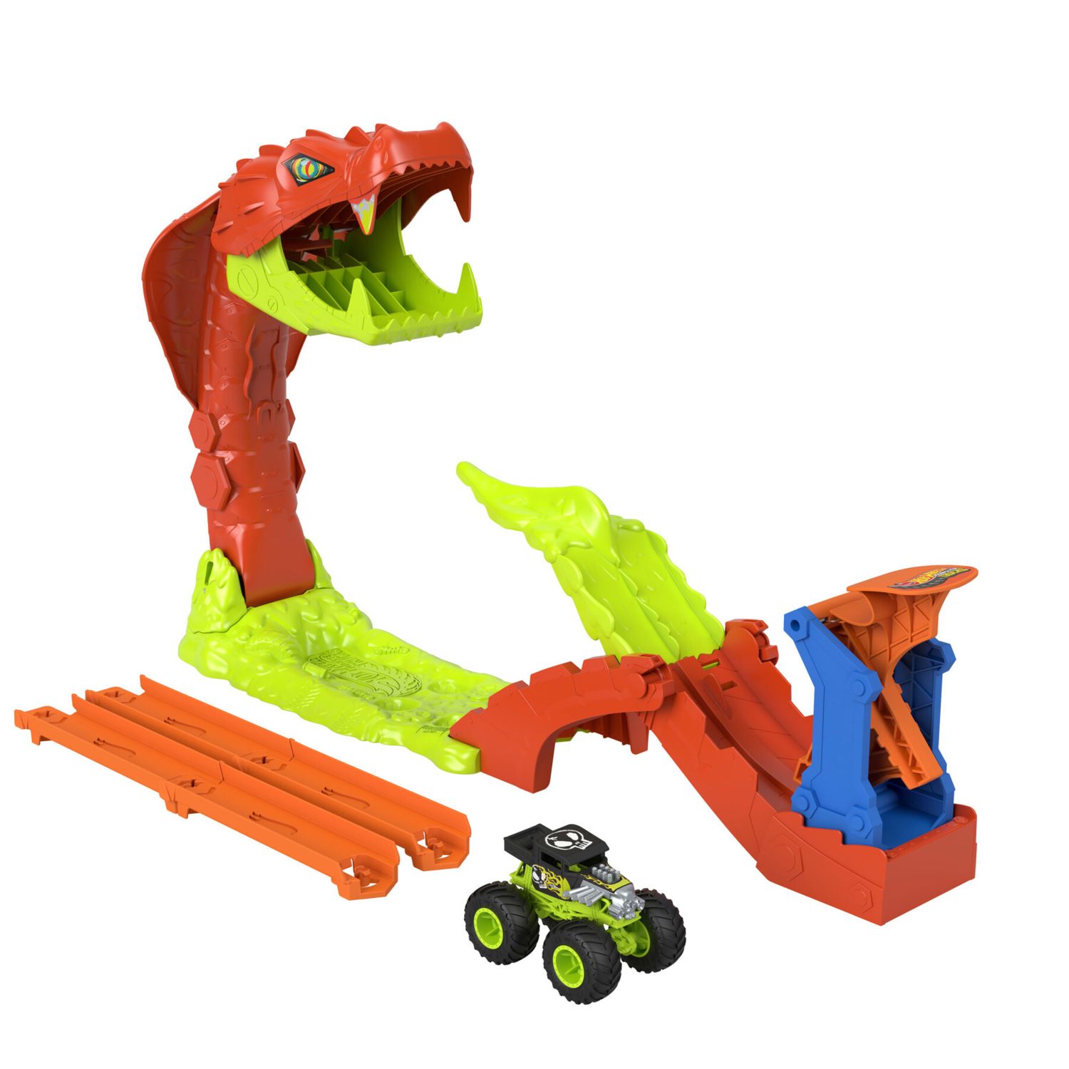 Hot wheels monster trucks – attacco del serpente - set pista con lanciatore e veicolo bone shaker 1:64 incluso - Hot Wheels