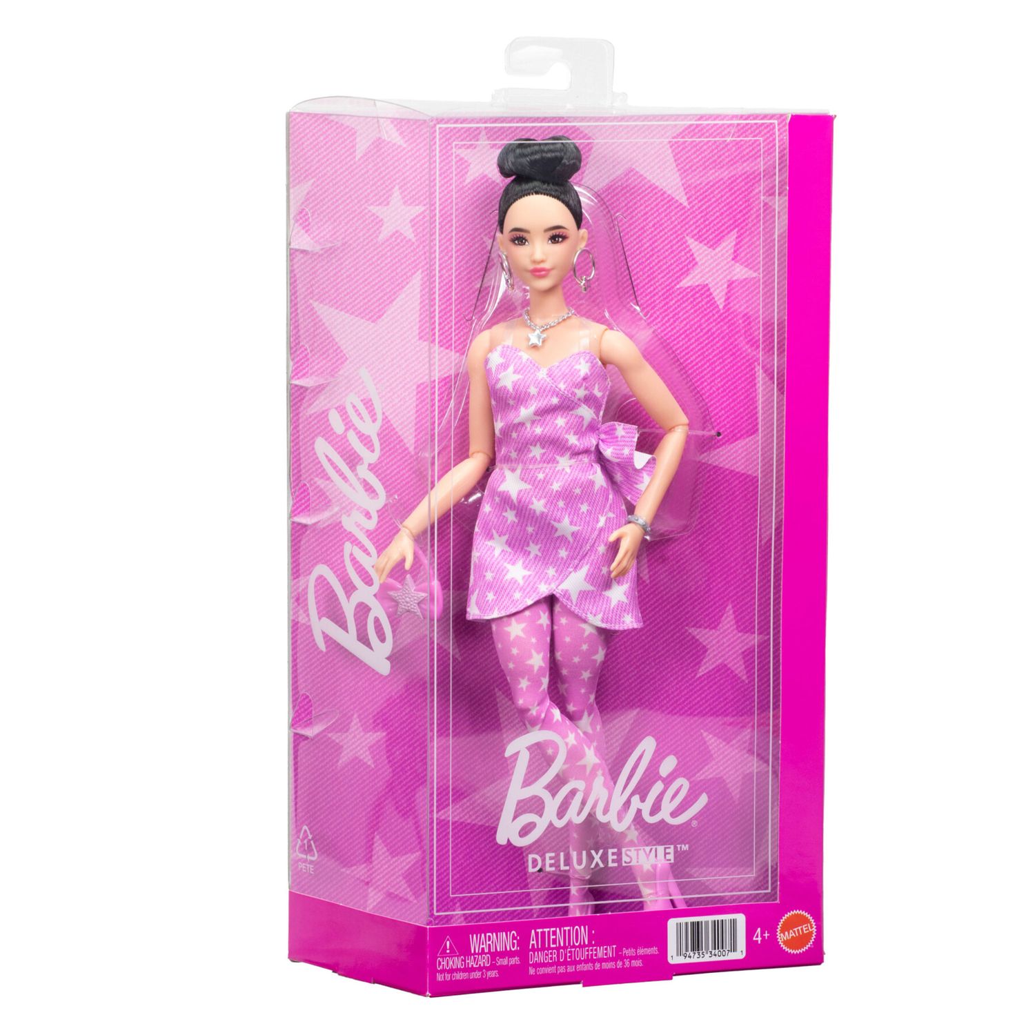 Barbie - deluxe style star wrap, bambola dai capelli neri con chignon, abito in denim rosa con stampa a stelle e calze coordinate - Barbie