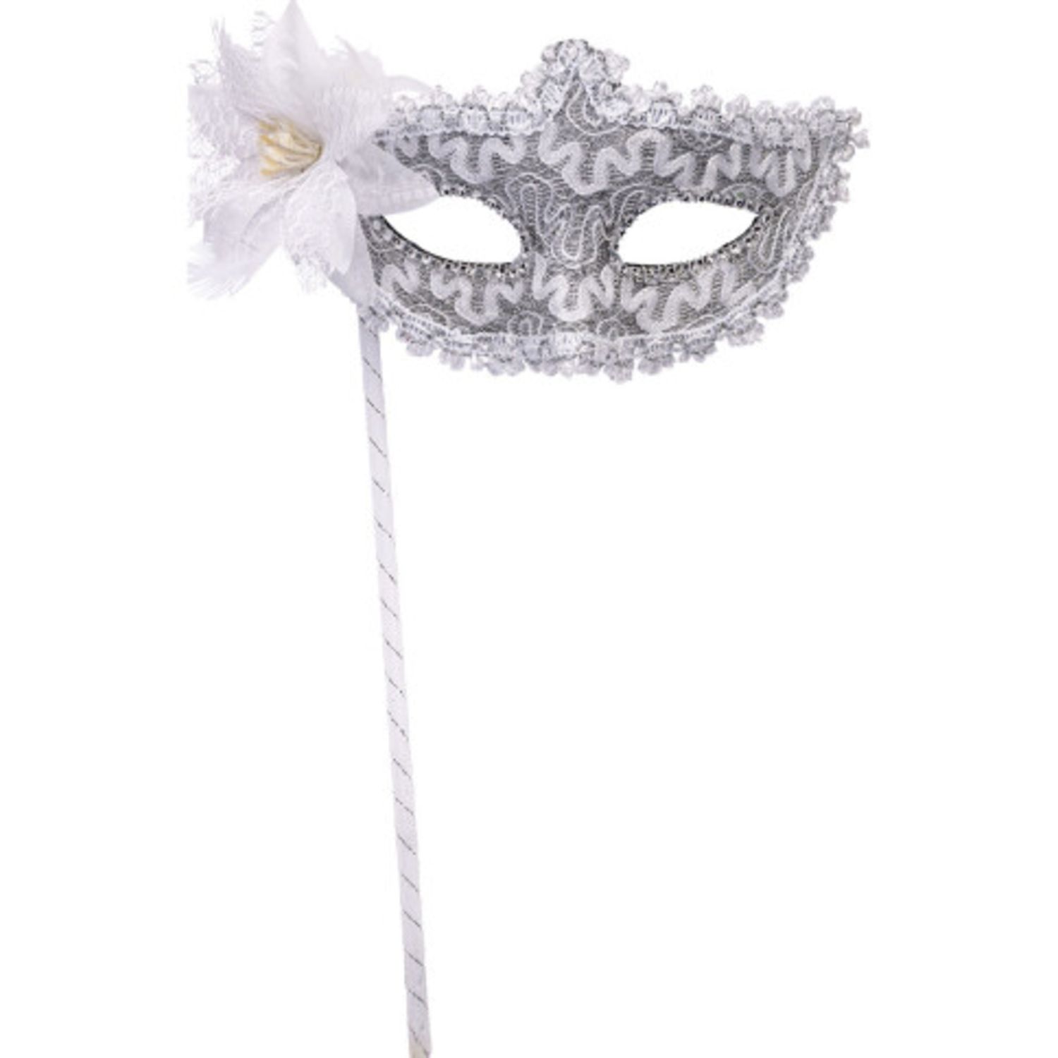 Maschera bianca in tessuto con fiore e bastoncino - CARNIVAL TOYS