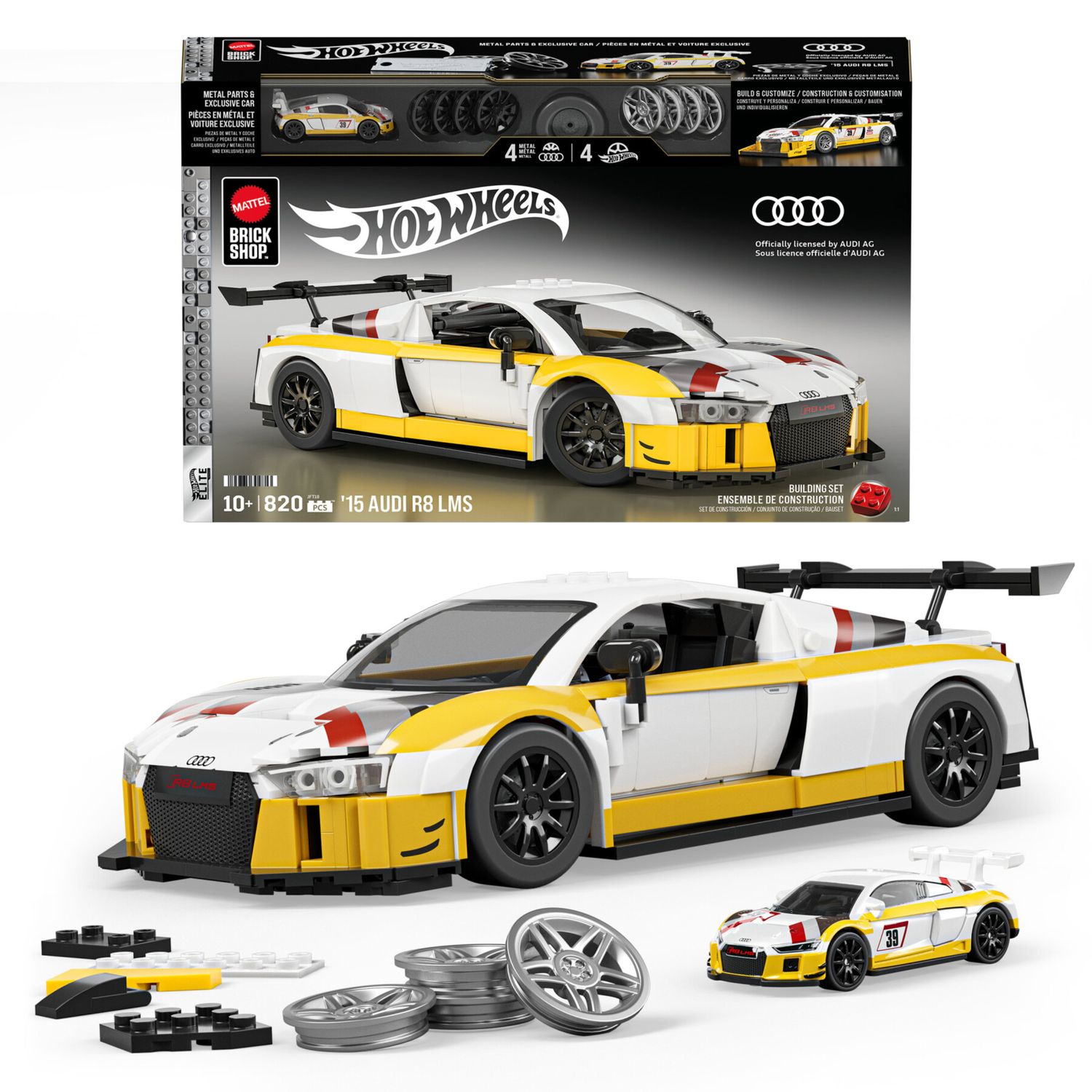 ​​mattel brick shop hot wheels - '15 audi r8 lms serie elite, set da costruire con 820 pezzi, dettagli realistici e adesivi per personalizzare l'auto - BRICK SHOP