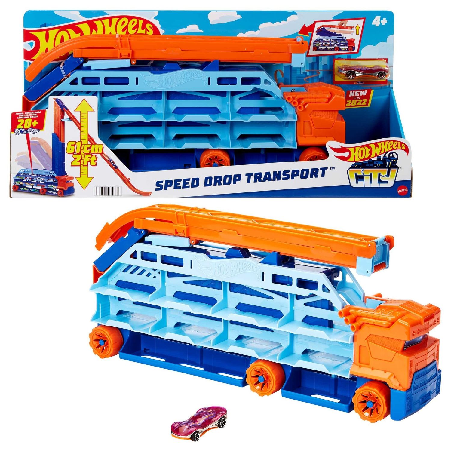 Hot wheels - autotrasportatore a caduta libera, set garage che si trasforma in pista con discesa, 1 macchinina inclusa - Hot Wheels