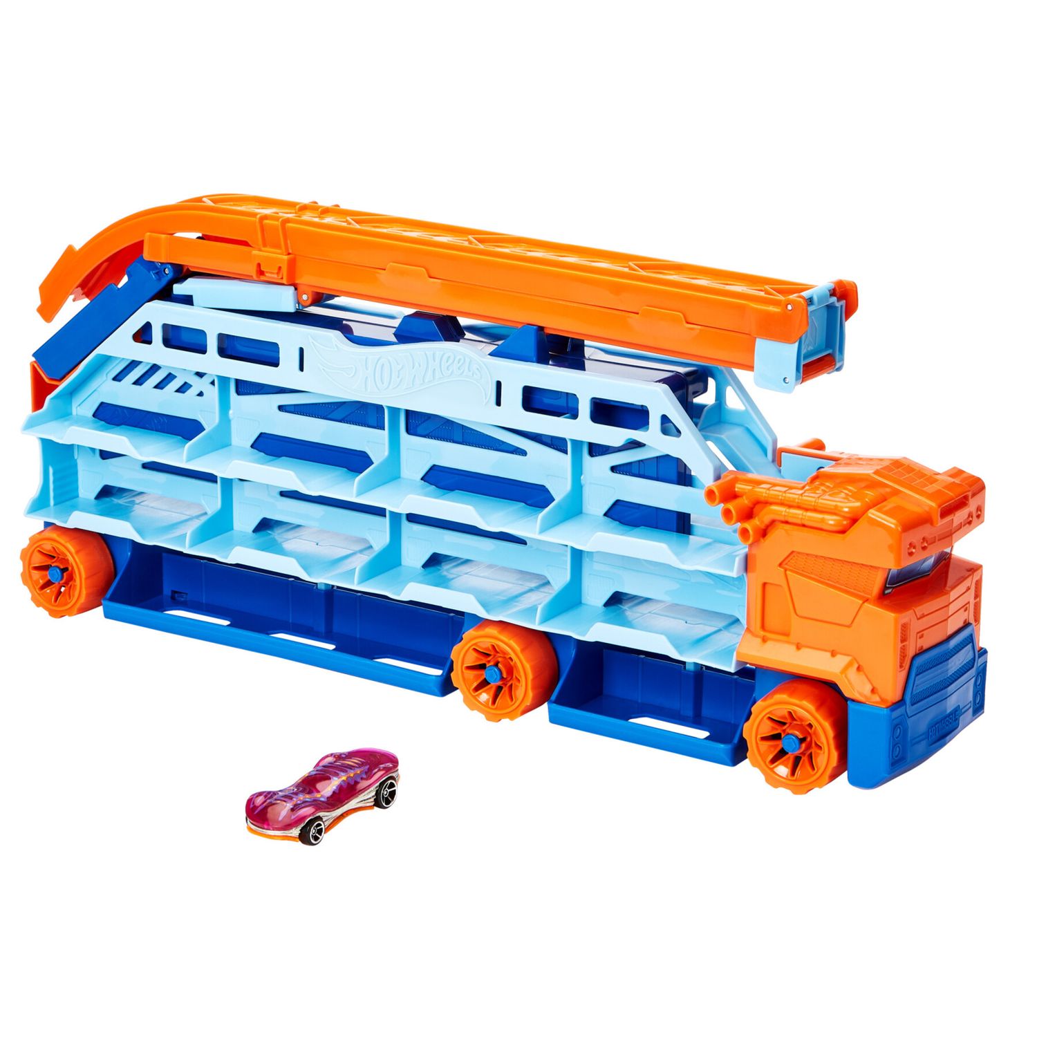 Hot wheels - autotrasportatore a caduta libera, set garage che si trasforma in pista con discesa, 1 macchinina inclusa - Hot Wheels