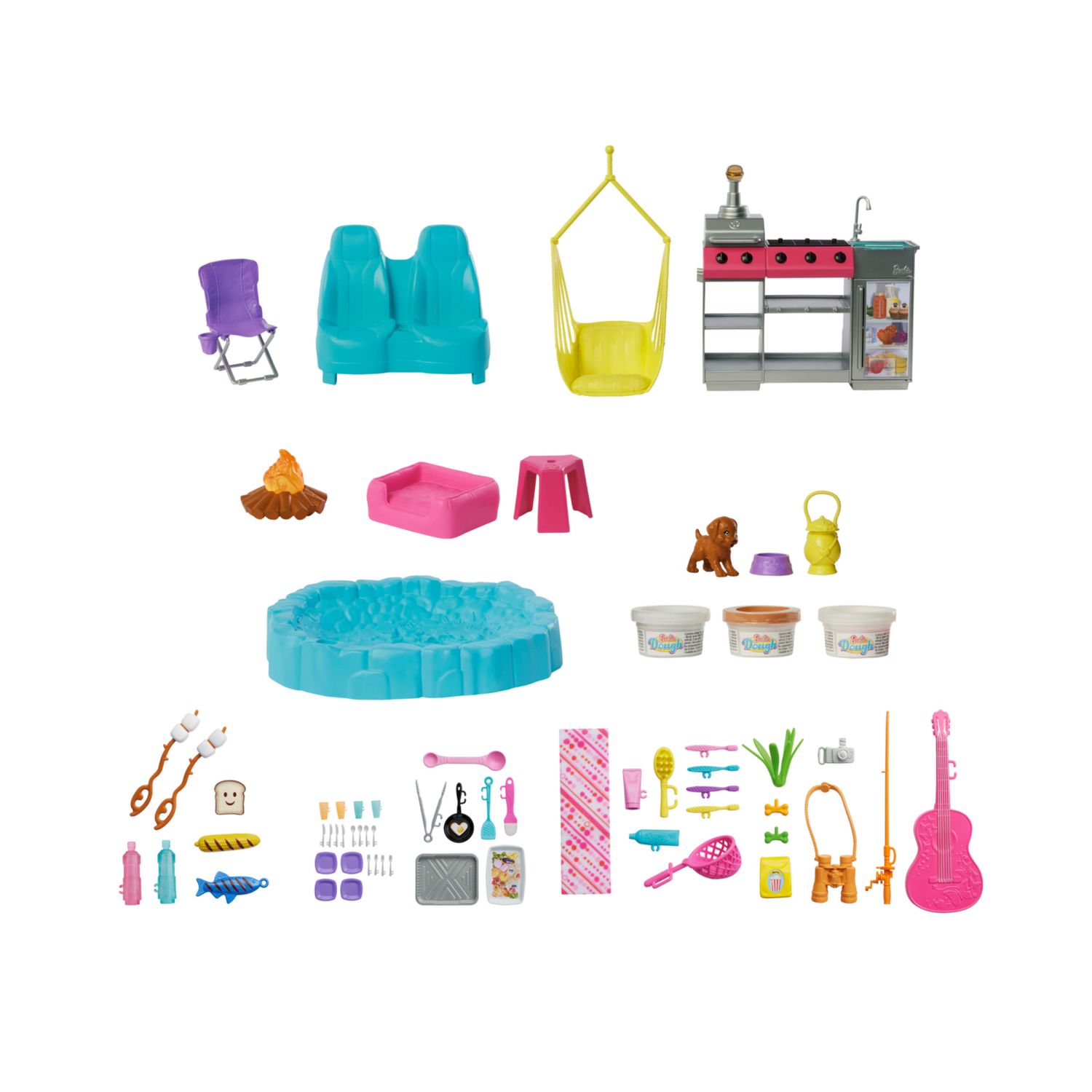 Barbie - camper dei sogni, veicolo con oltre 60 accessori e pasta modellabile, effetto cambia colore, include tenda sul tetto e altalena - Barbie