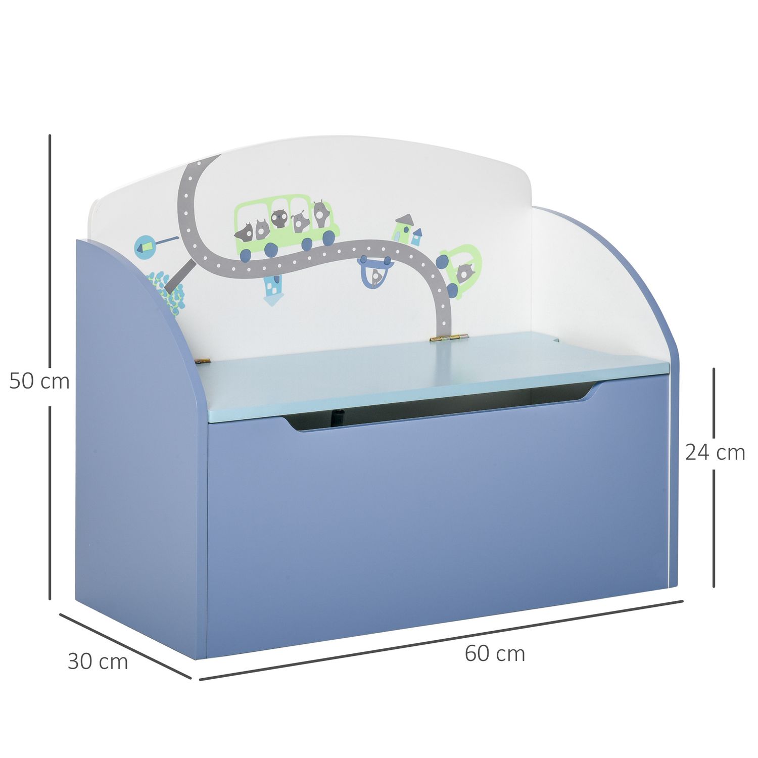 Panca contenitore portagiochi 2 in 1 in legno, cassapanca con schienale per bambini da 3-6 anni, 60x30x50 cm, blu - 