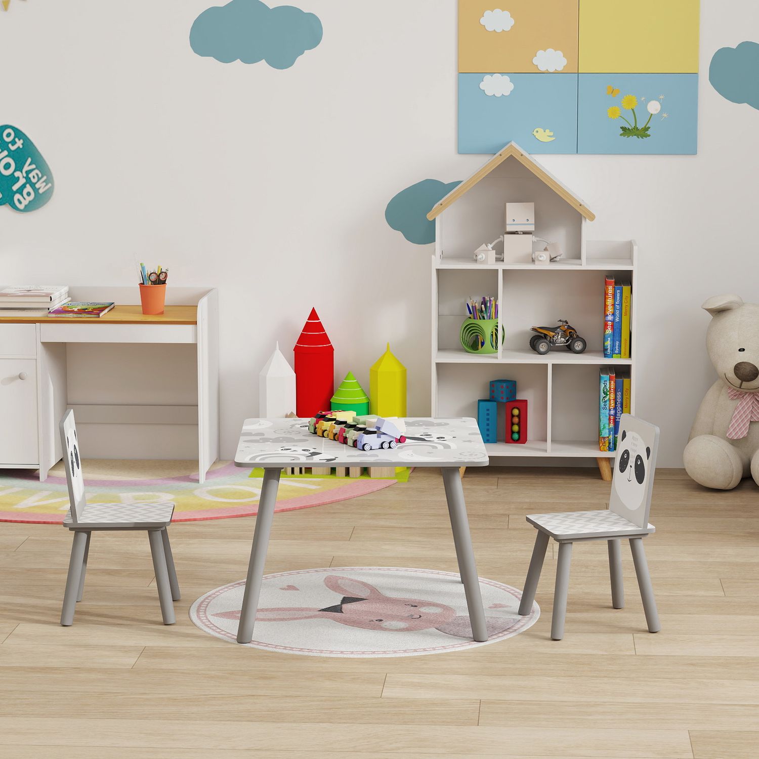 Set tavolino e 2 sedie per bambini 3-8 anni in mdf e legno di pino, grigio - 