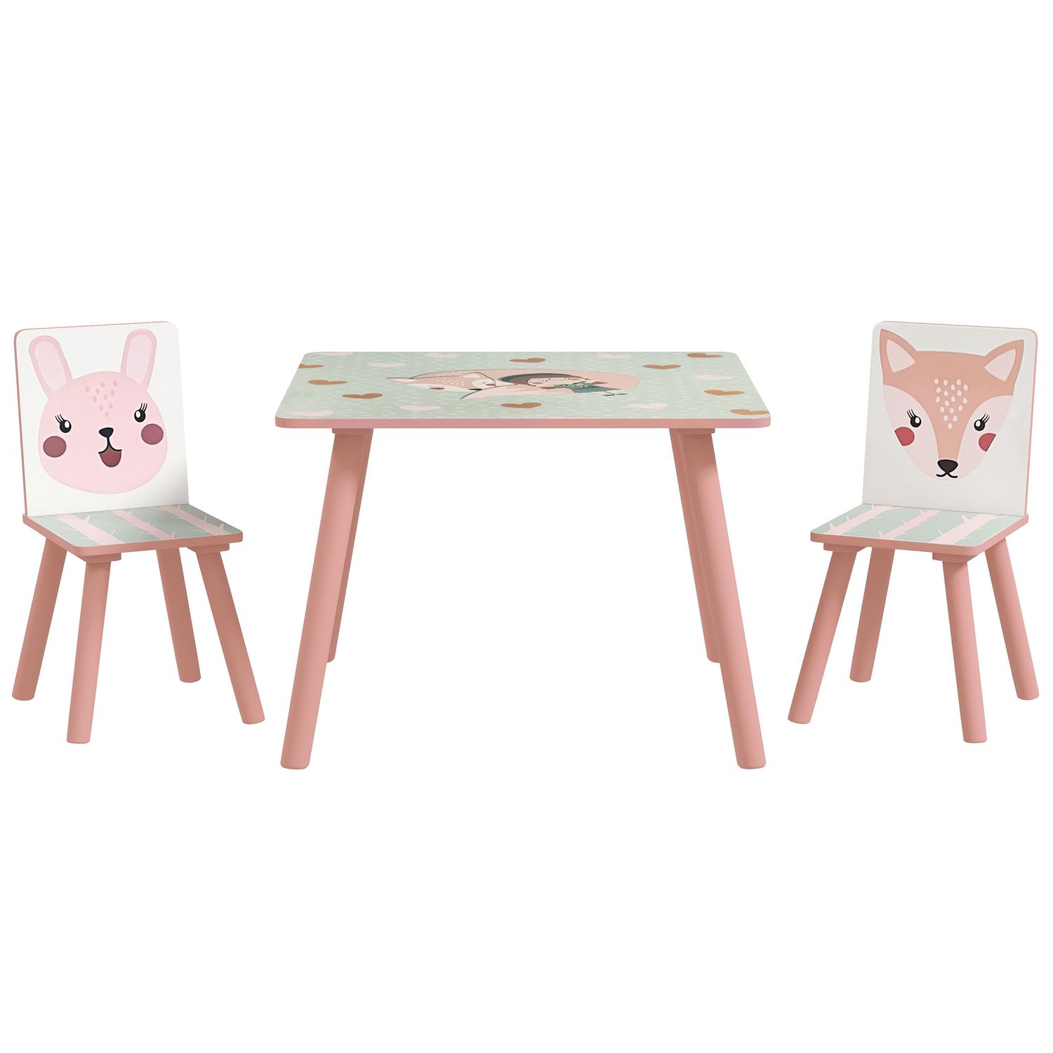 Set tavolo e sedie 3 pezzi per bambini 3-8 anni in mdf e legno di pino con disegni di animali, rosa - 