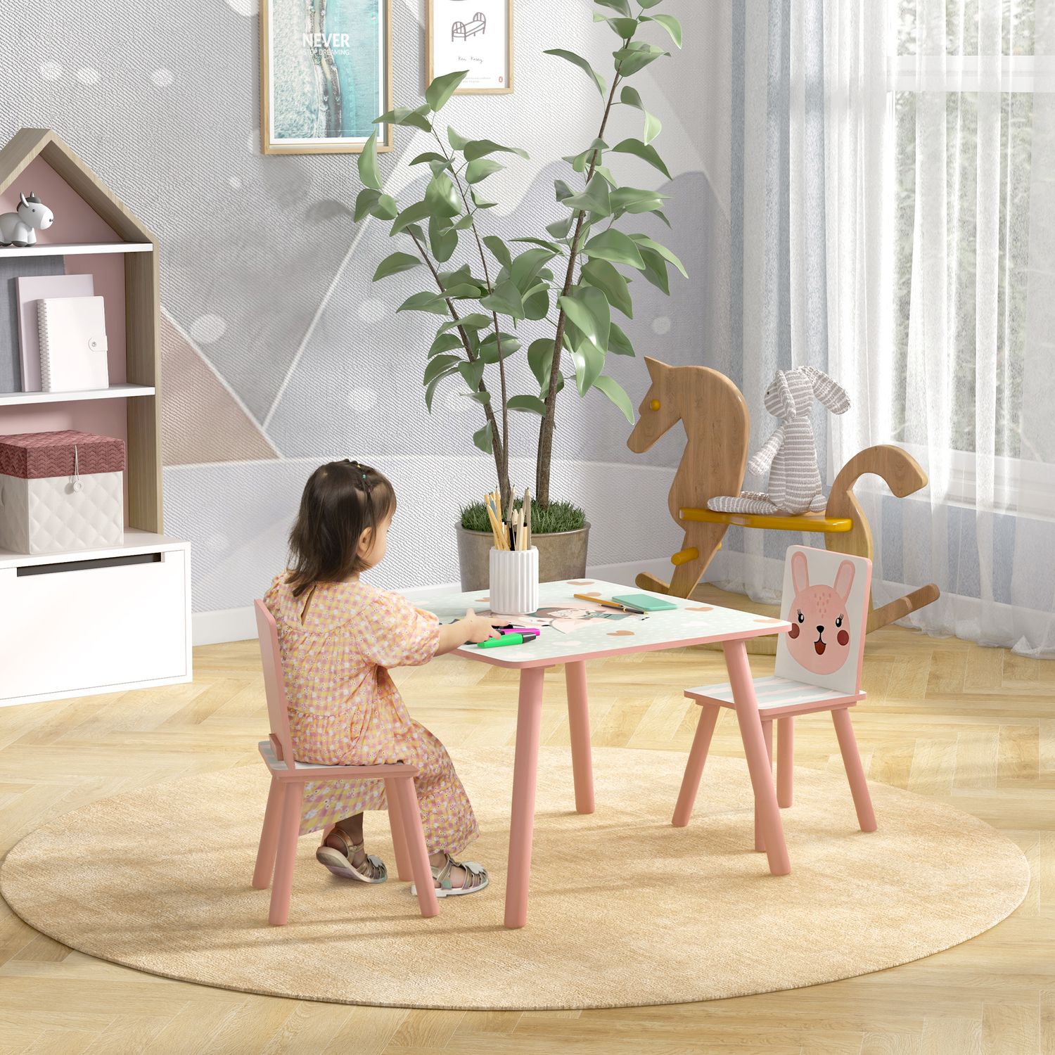 Set tavolo e sedie 3 pezzi per bambini 3-8 anni in mdf e legno di pino con disegni di animali, rosa - 