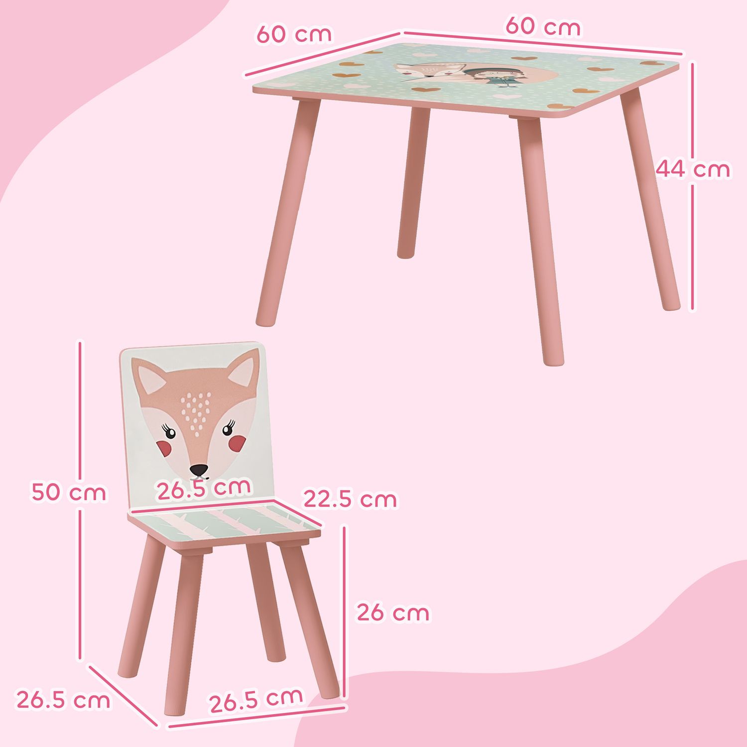 Set tavolo e sedie 3 pezzi per bambini 3-8 anni in mdf e legno di pino con disegni di animali, rosa - 