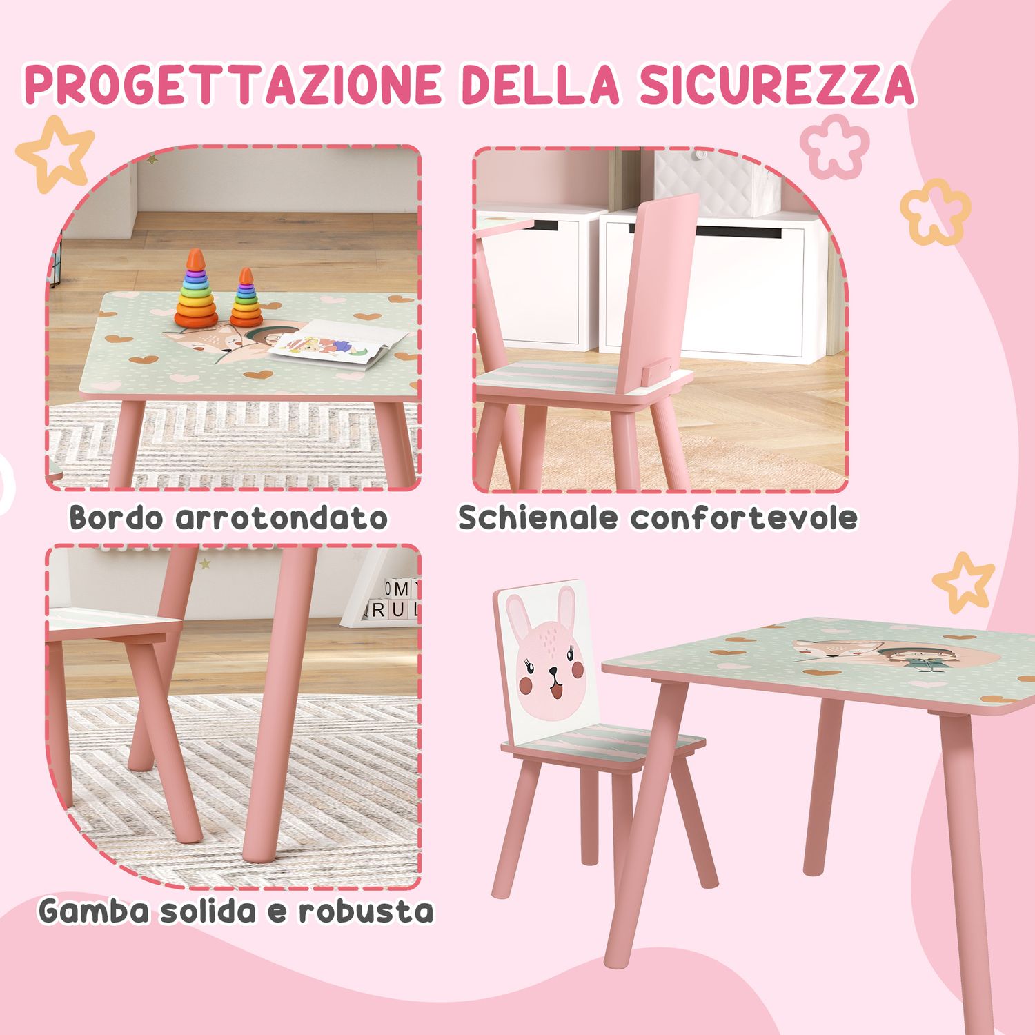 Set tavolo e sedie 3 pezzi per bambini 3-8 anni in mdf e legno di pino con disegni di animali, rosa - 