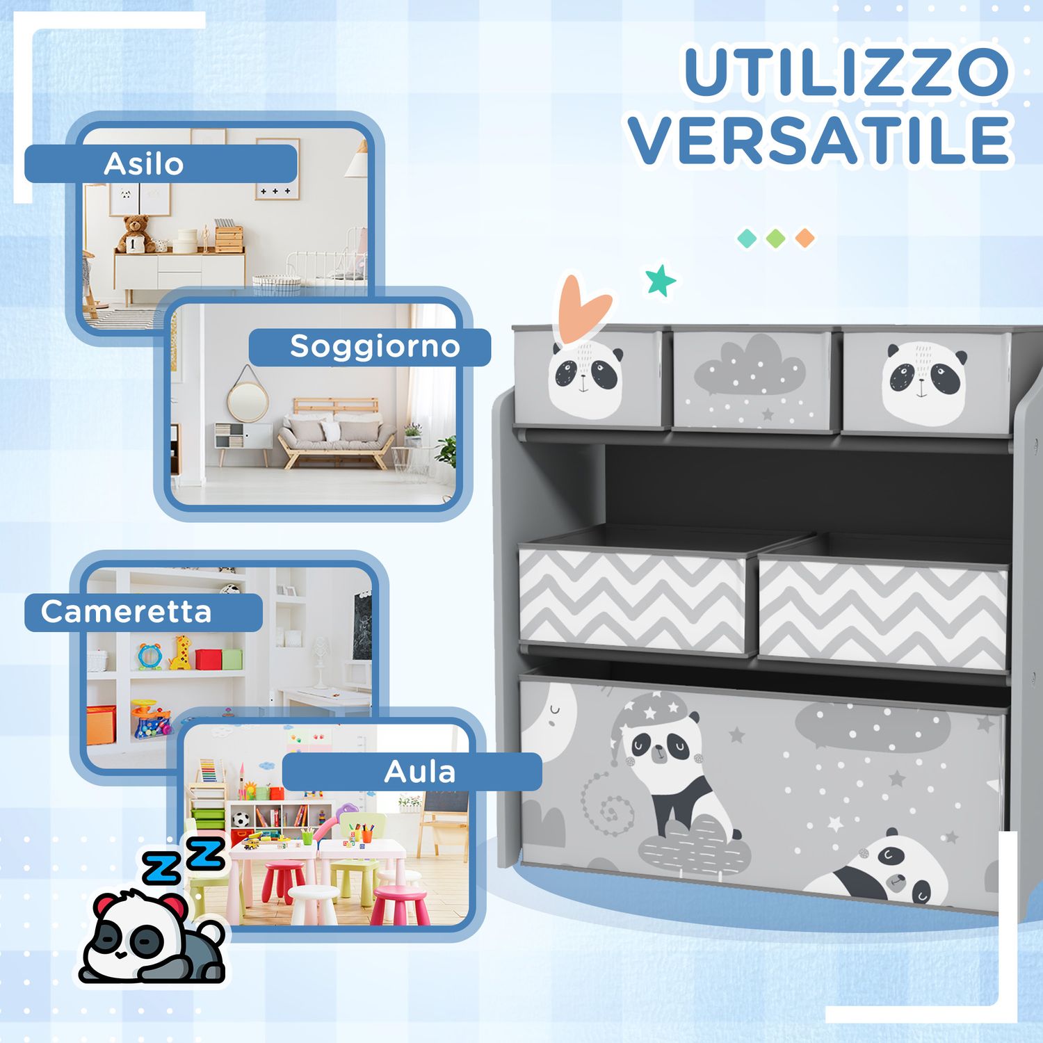 Scaffale portagiochi per bambini con 6 contenitori rimovibili in tessuto, 63x30x66cm, grigio - 