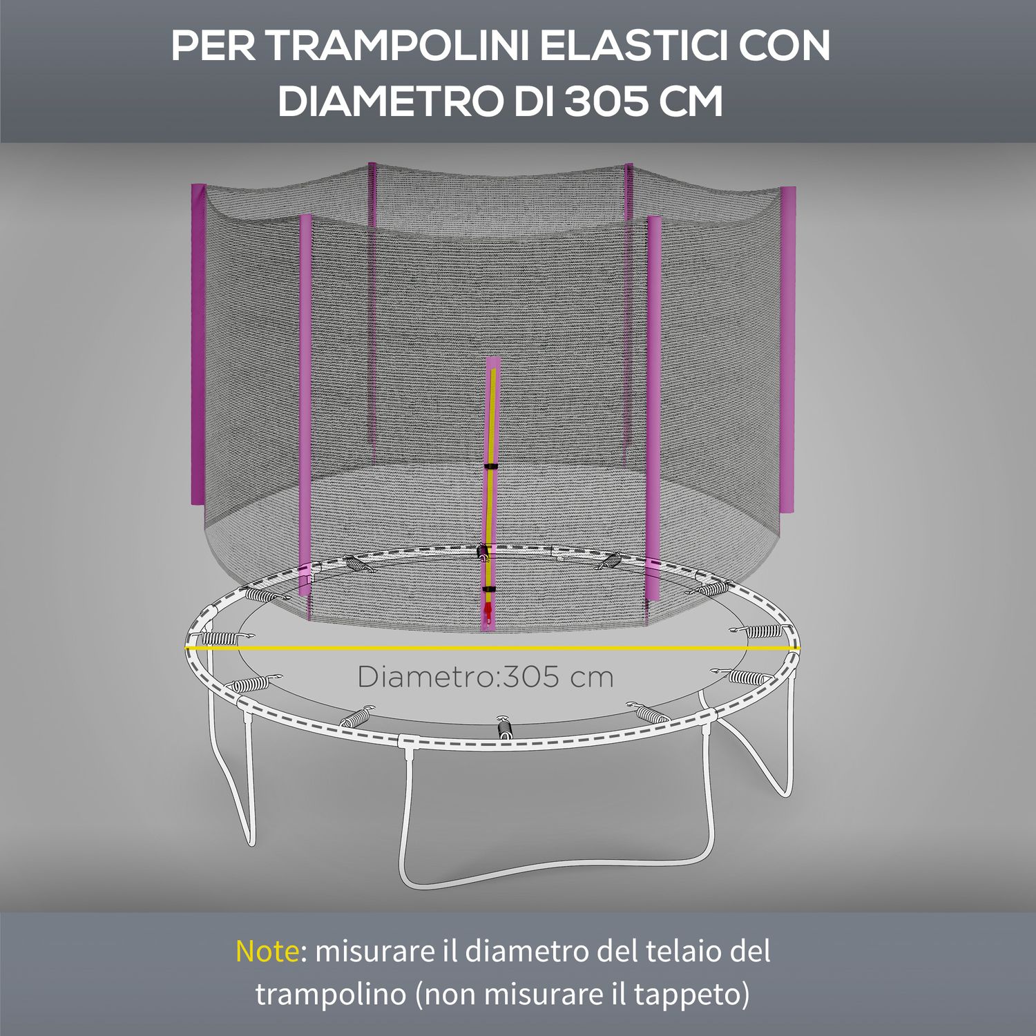 Rete di protezione per trampolini a 6 pali con ingresso con cerniera, in pe, ø305x180 cm, nero e rosa - 