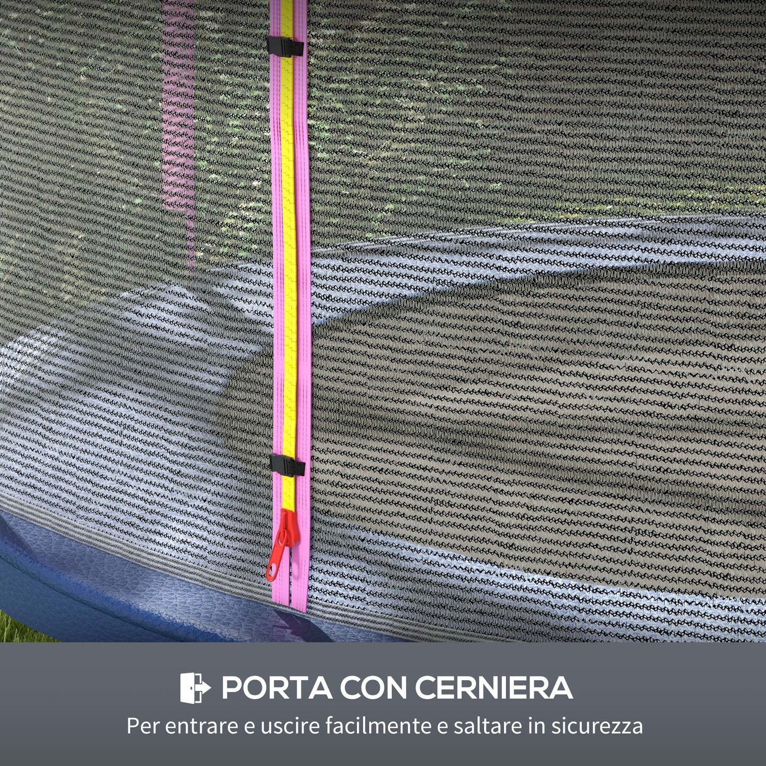 Rete di protezione per trampolini a 6 pali con ingresso con cerniera, in pe, ø305x180 cm, nero e rosa - 