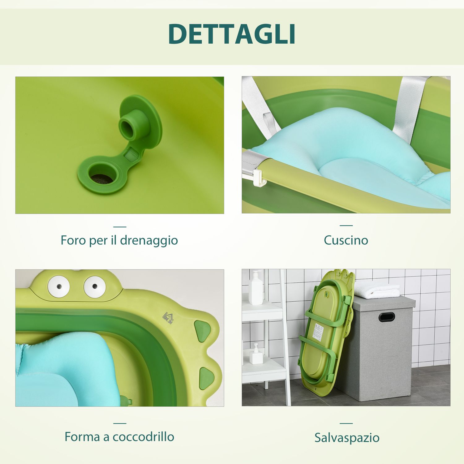 Vaschetta bagnetto pieghevole per bambini 0-3 anni con cuscino regolabile azzurro e piedini antiscivolo, 80x53.9x20.8cm verde - 
