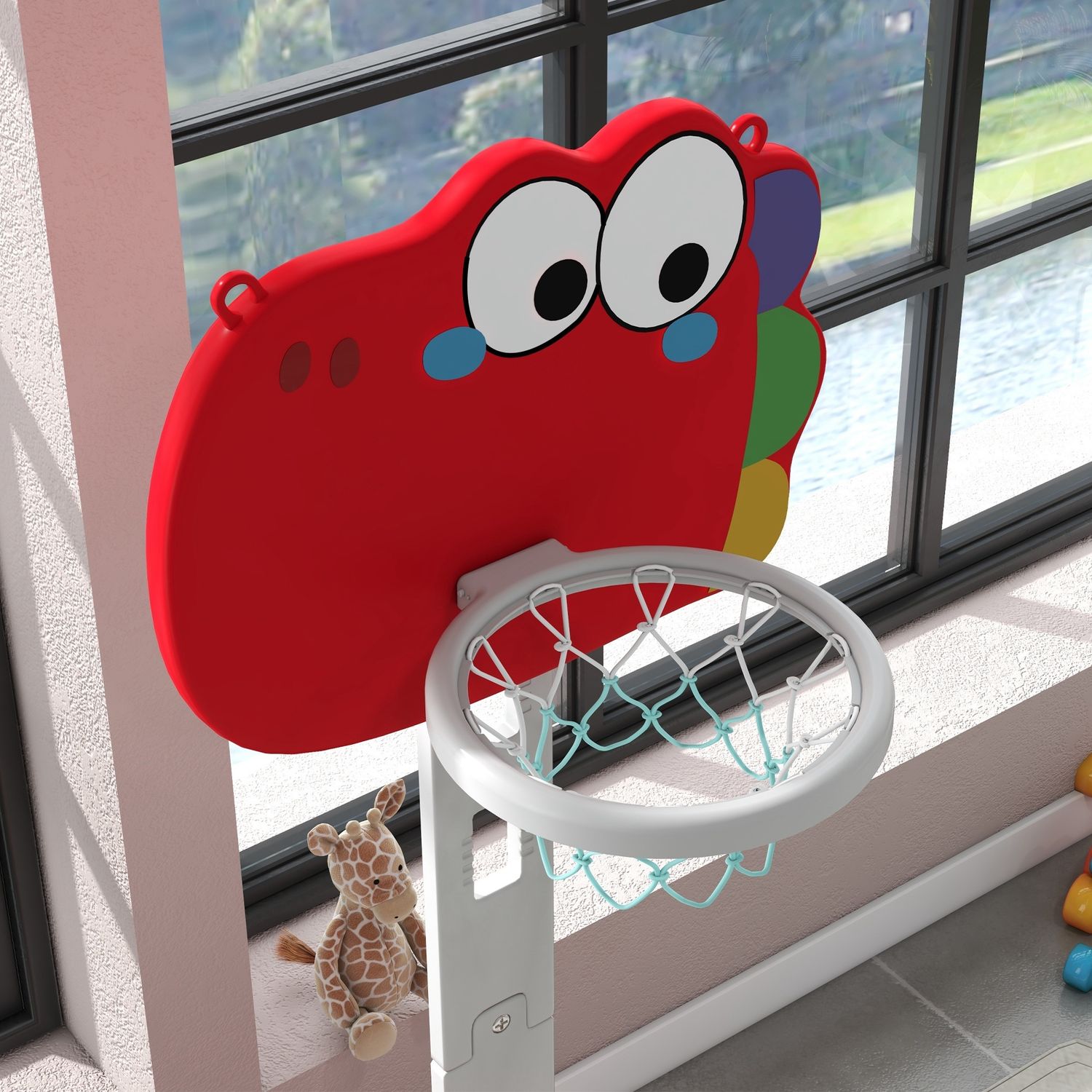 Canestro basket per bambini 5 in 1 con altezza regolabile, porta da calcio e golf, età 3-6 anni, rosso - 