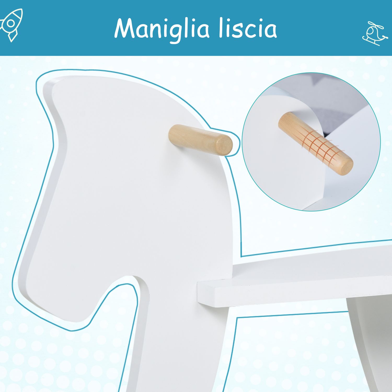 Cavallo a dondolo bambini da 1-3 anni in legno con maniglie e poggiapiedi, 68x26.5x48 cm, bianco - 