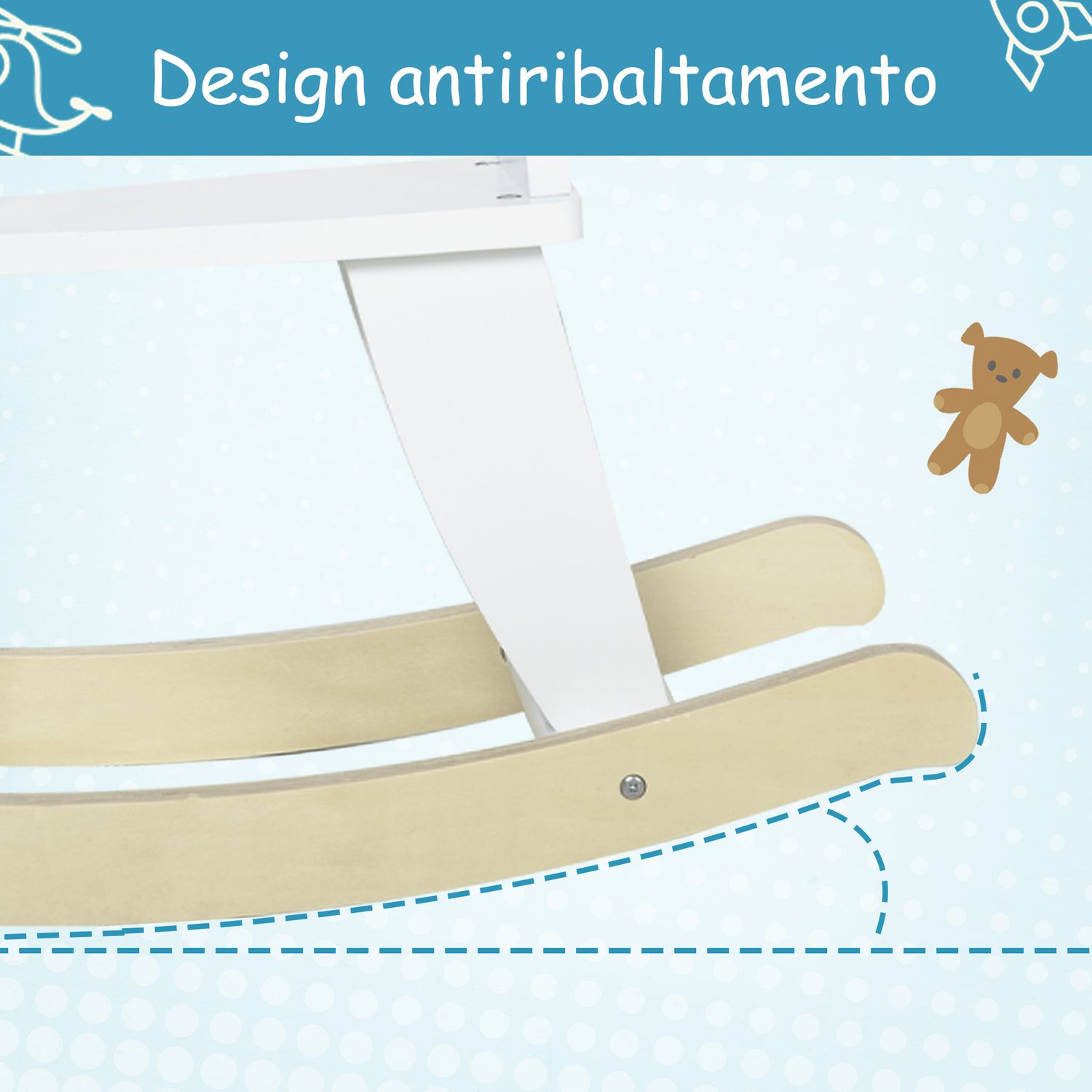 Cavallo a dondolo bambini da 1-3 anni in legno con maniglie e poggiapiedi, 68x26.5x48 cm, bianco - 
