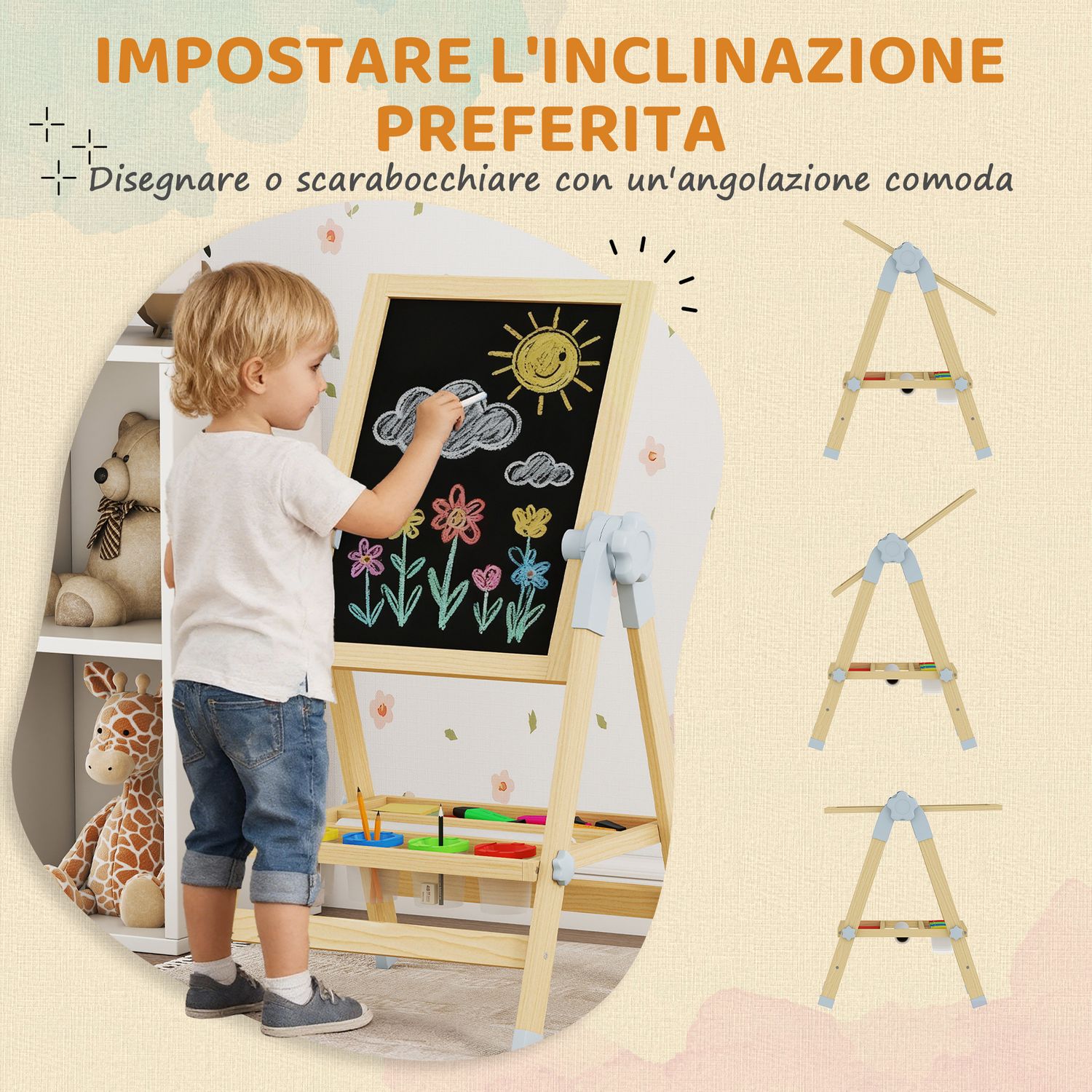 Cavalletto per bambini doppia lavagna per gesso e pennarelli, lavagnetta magnetica e rotolo di carta, legno - 