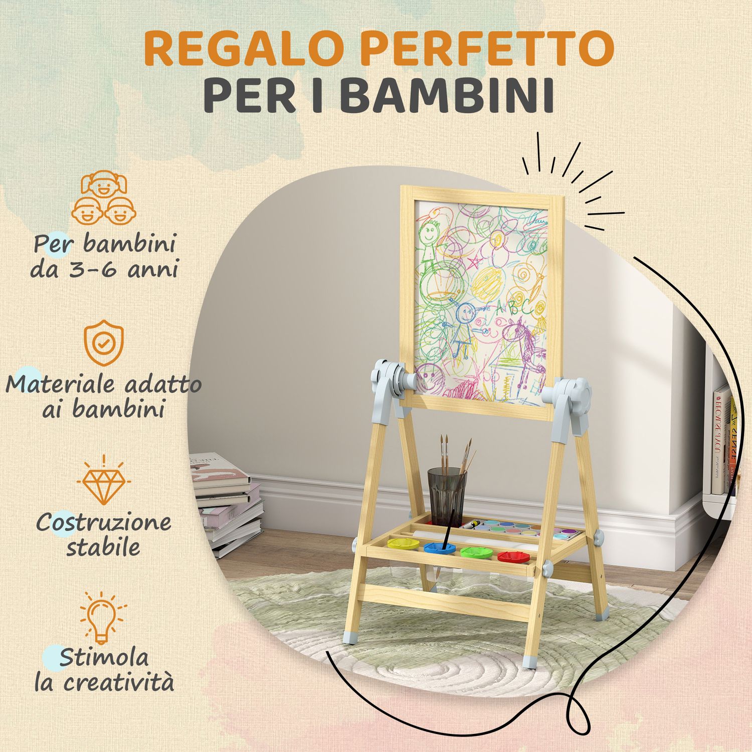 Cavalletto per bambini doppia lavagna per gesso e pennarelli, lavagnetta magnetica e rotolo di carta, legno - 