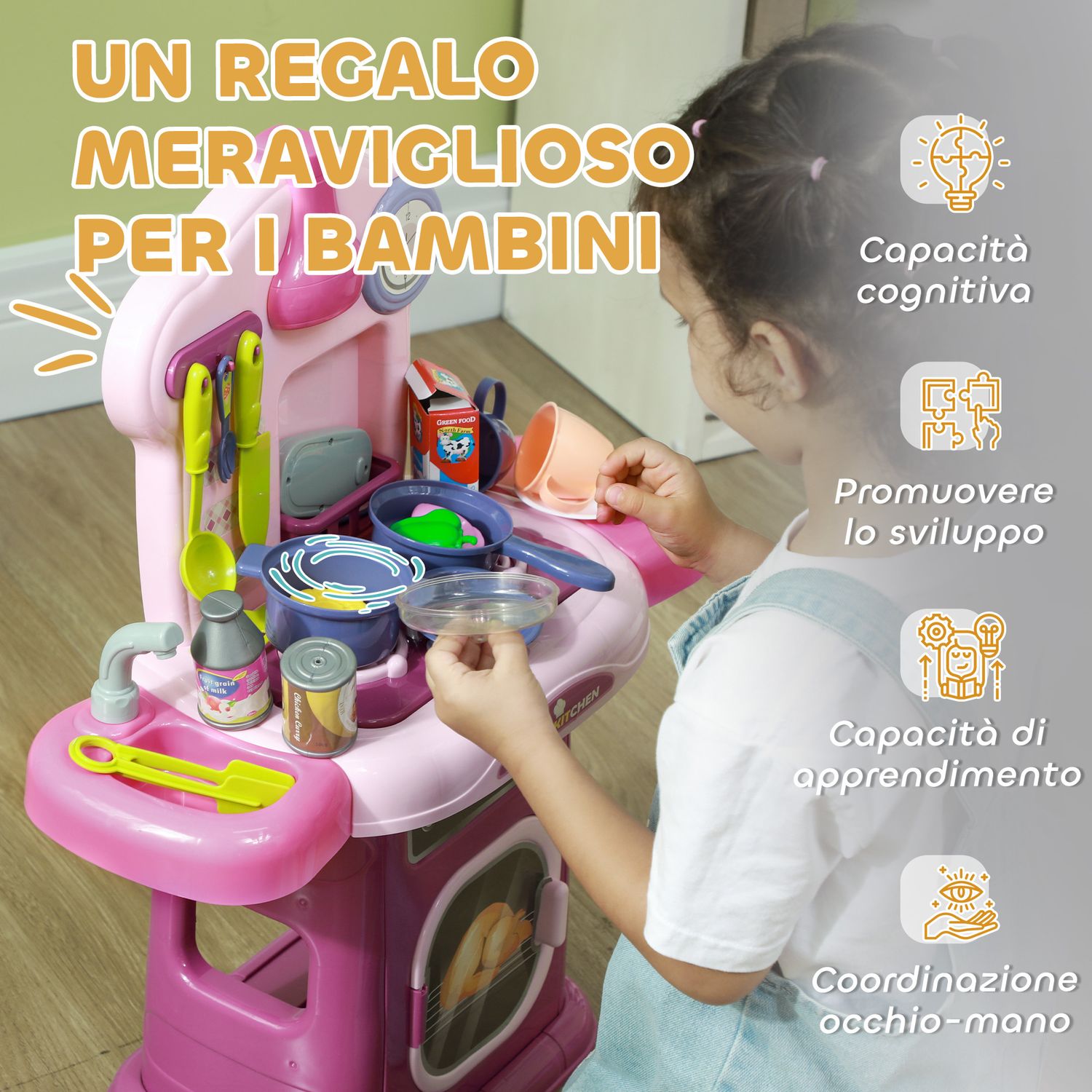 Cucina giocattolo per bambini 3-6 anni con 38 accessori e suoni realistici, in pp e abs, 51x21x60 cm, rosa - 