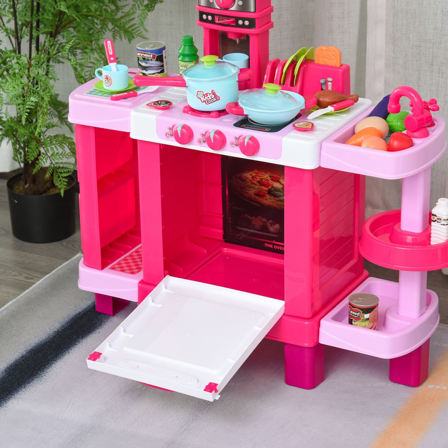 Cucina giocattolo per bambini con 38 accessori inclusi, con luci e suoni realistici, 78x29x87 cm, rosa - 