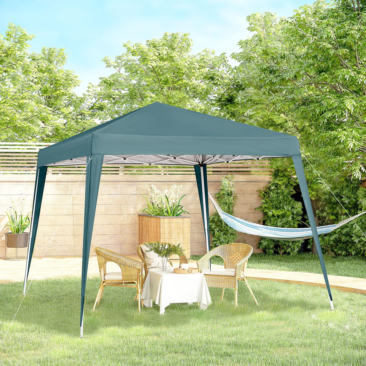 Gazebo pieghevole da giardino 2.4x2.4m con struttura in acciaio e corde antivento, verde - 