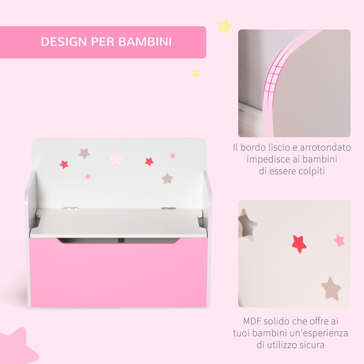 Panca contenitore con schienale in legno per bambini da 3-6 anni, 60x30x50 cm, rosa - 