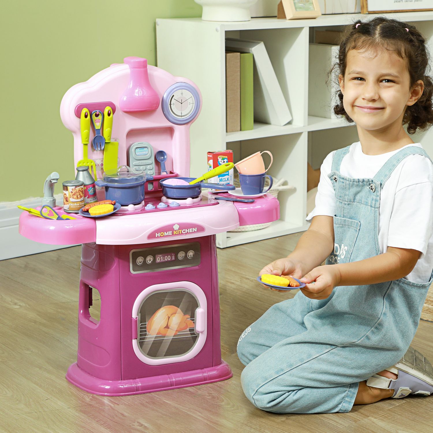 Cucina giocattolo per bambini 3-6 anni con 38 accessori e suoni realistici, in pp e abs, 51x21x60 cm, rosa - 