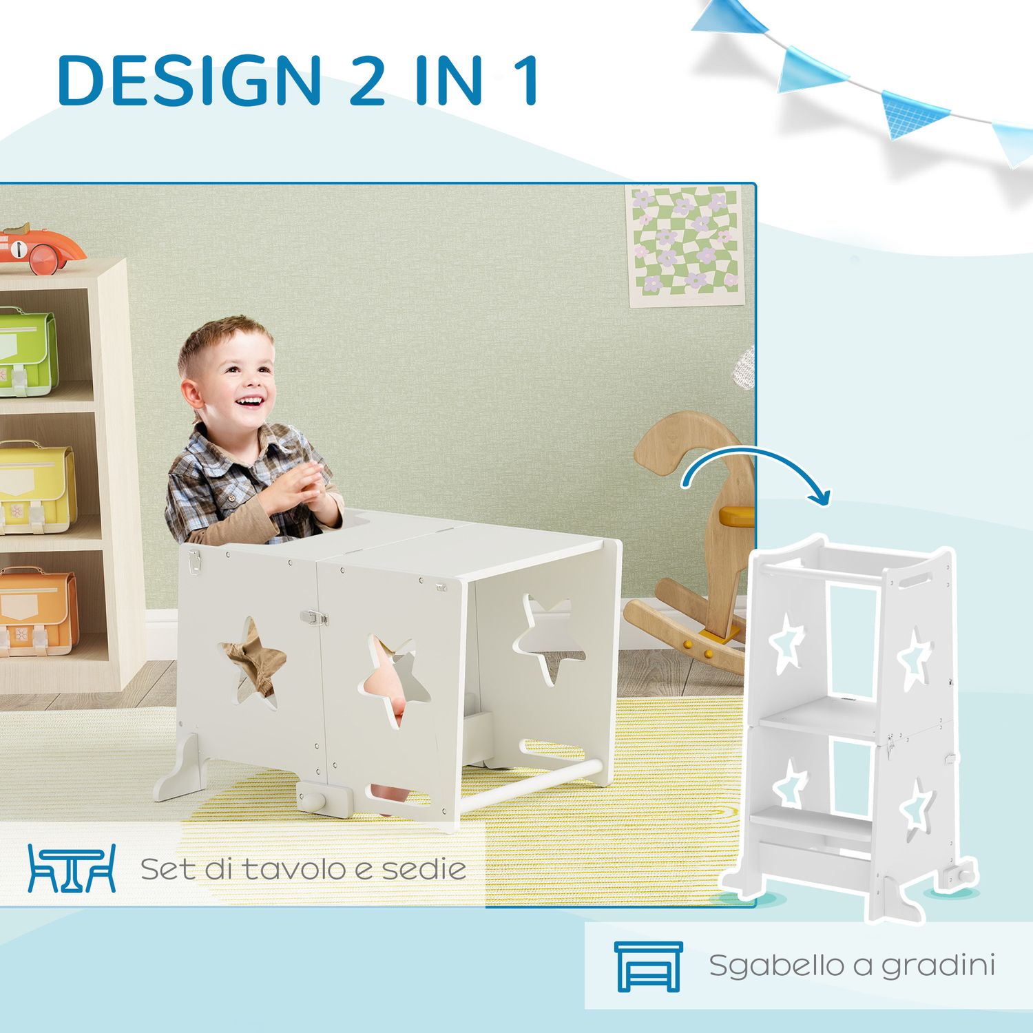 Scala montessori convertibile in set tavolo e sedie con barra di sicurezza, in legno, 60x44.5x86 cm, bianco - 
