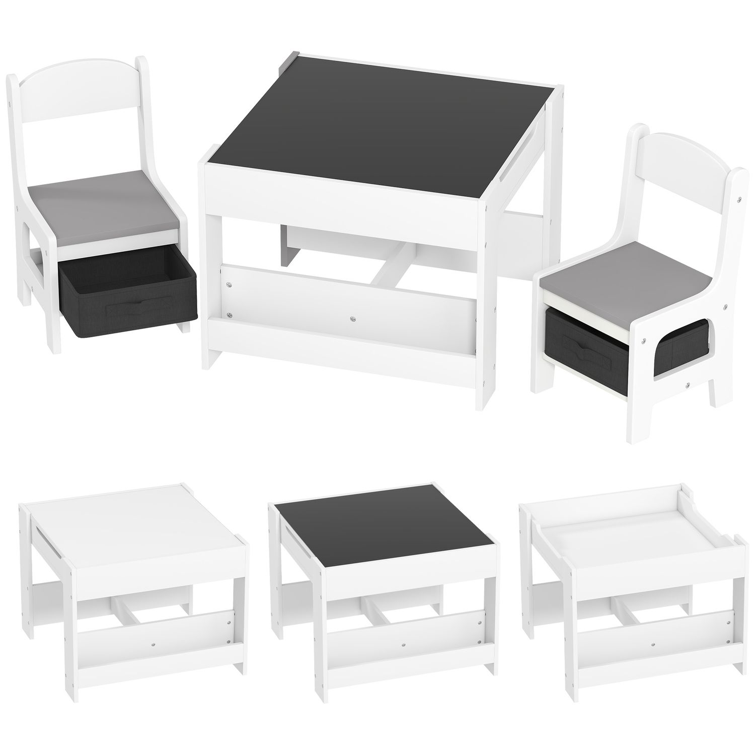 Set tavolino per bambini e 2 sedie, piano del tavolo 3 in 1 con lavagna e contenitori, grigio - 