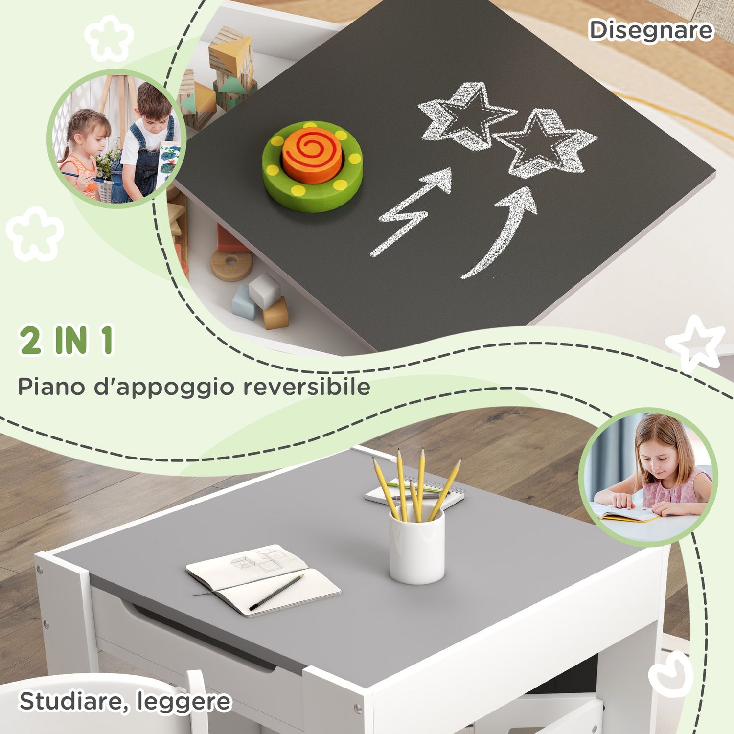 Set tavolino per bambini e 2 sedie, piano del tavolo 3 in 1 con lavagna e contenitori, grigio - 