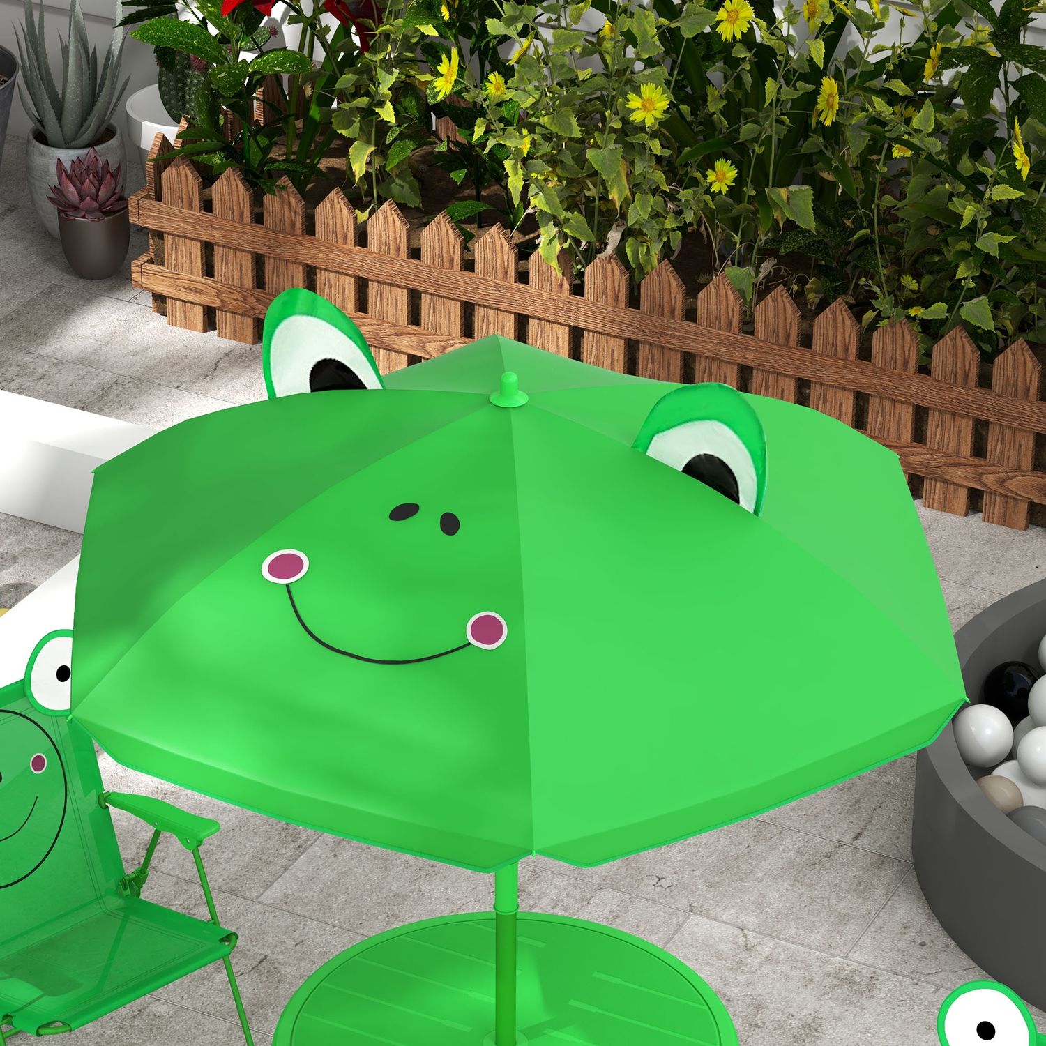 Set tavolo da giardino con 2 sedie pieghevoli, tavolino con sedie da esterno con ombrellone per bambini in metallo e poliestere, verde - 