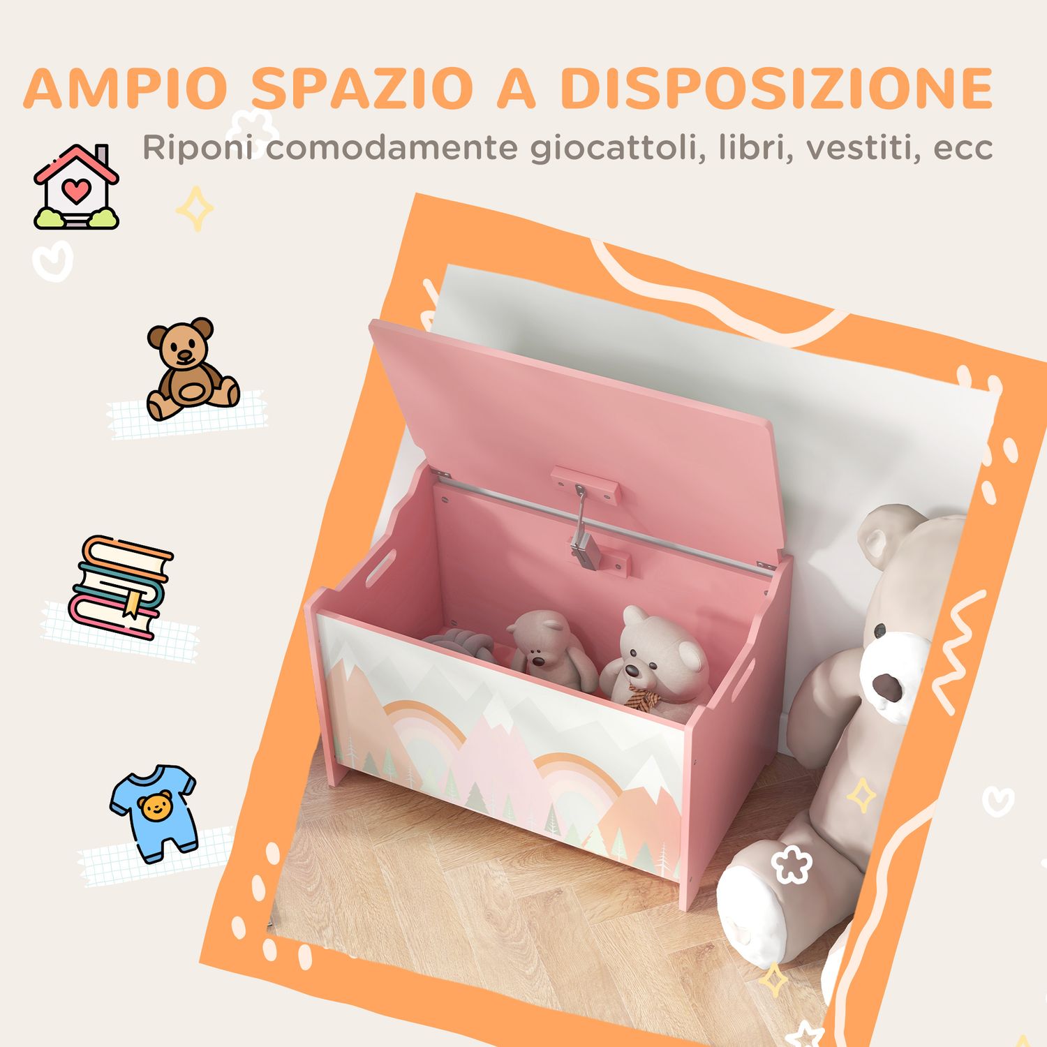 Baule portagiochi per bambini con coperchio e cerniera di sicurezza in mdf, 60x37x39cm, rosa - 