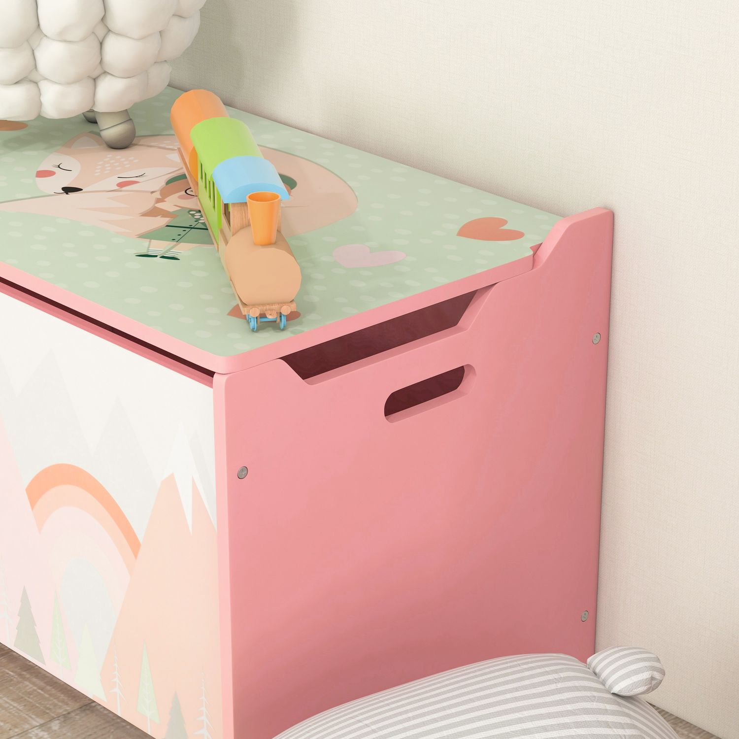 Baule portagiochi per bambini con coperchio e cerniera di sicurezza in mdf, 60x37x39cm, rosa - 