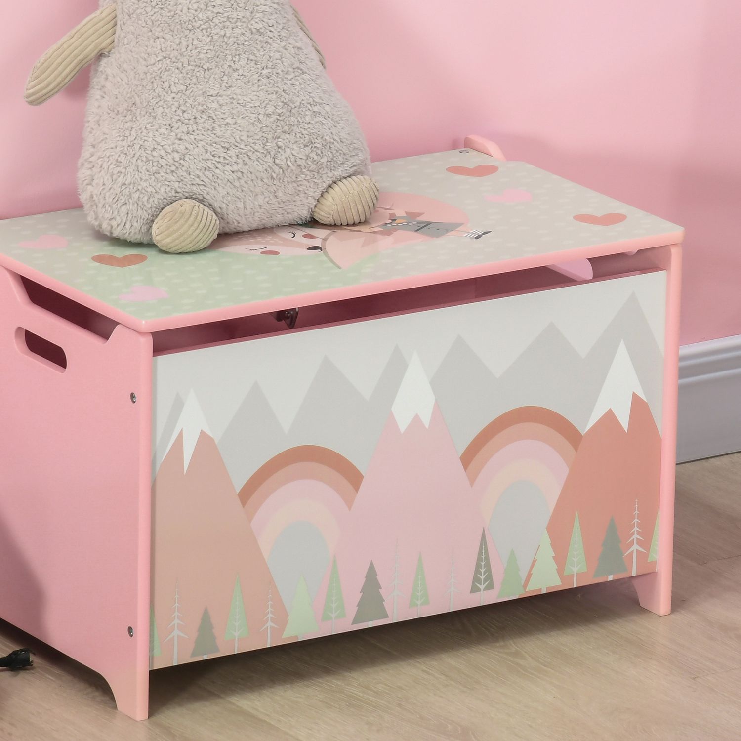 Baule portagiochi per bambini con coperchio e cerniera di sicurezza in mdf, 60x37x39cm, rosa - 