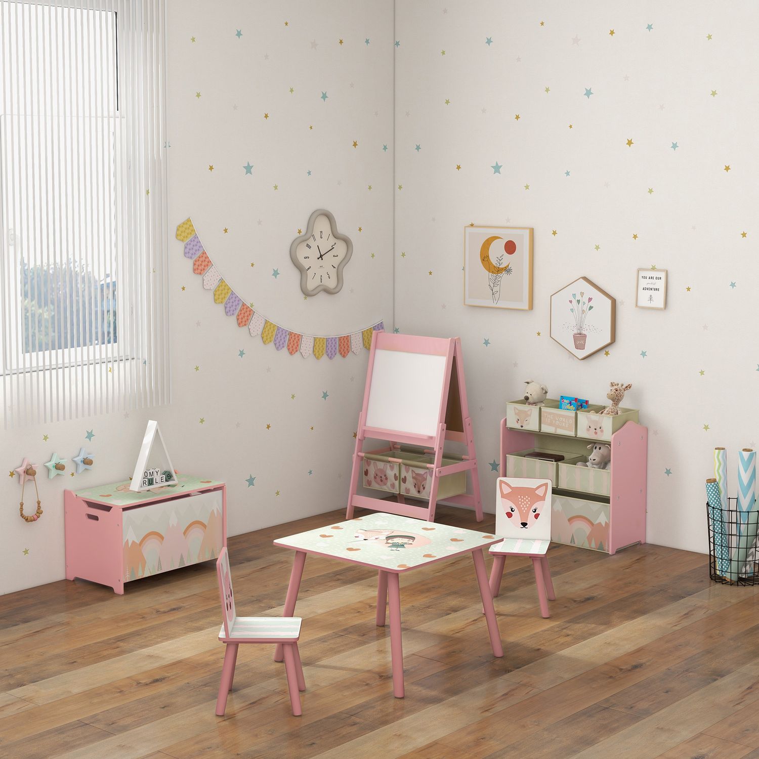 Baule portagiochi per bambini con coperchio e cerniera di sicurezza in mdf, 60x37x39cm, rosa - 