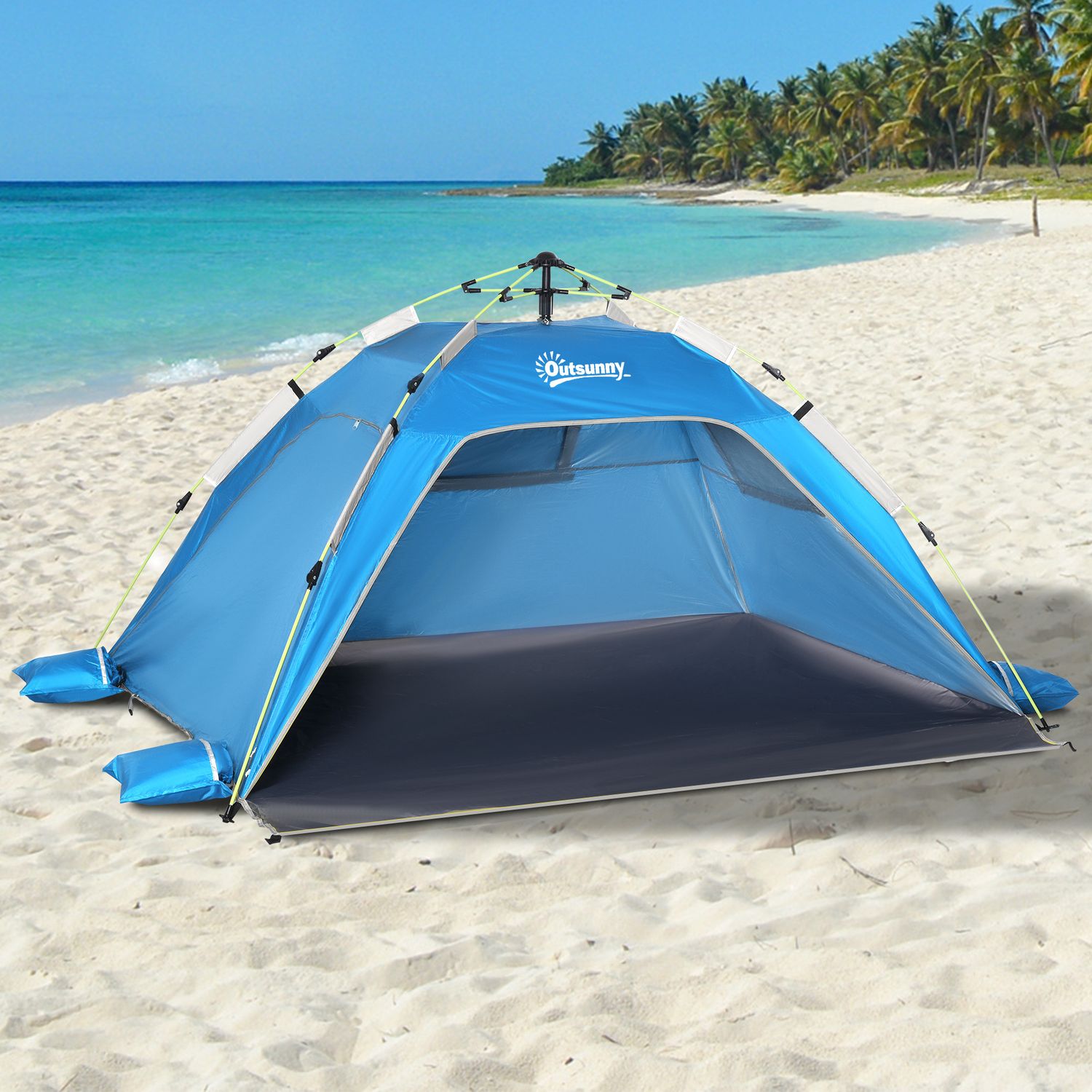 Tenda da spiaggia pop up con porta a cerniera, in poliestere e fibra di vetro, 220x173x120 cm, blu cielo e grigio - 