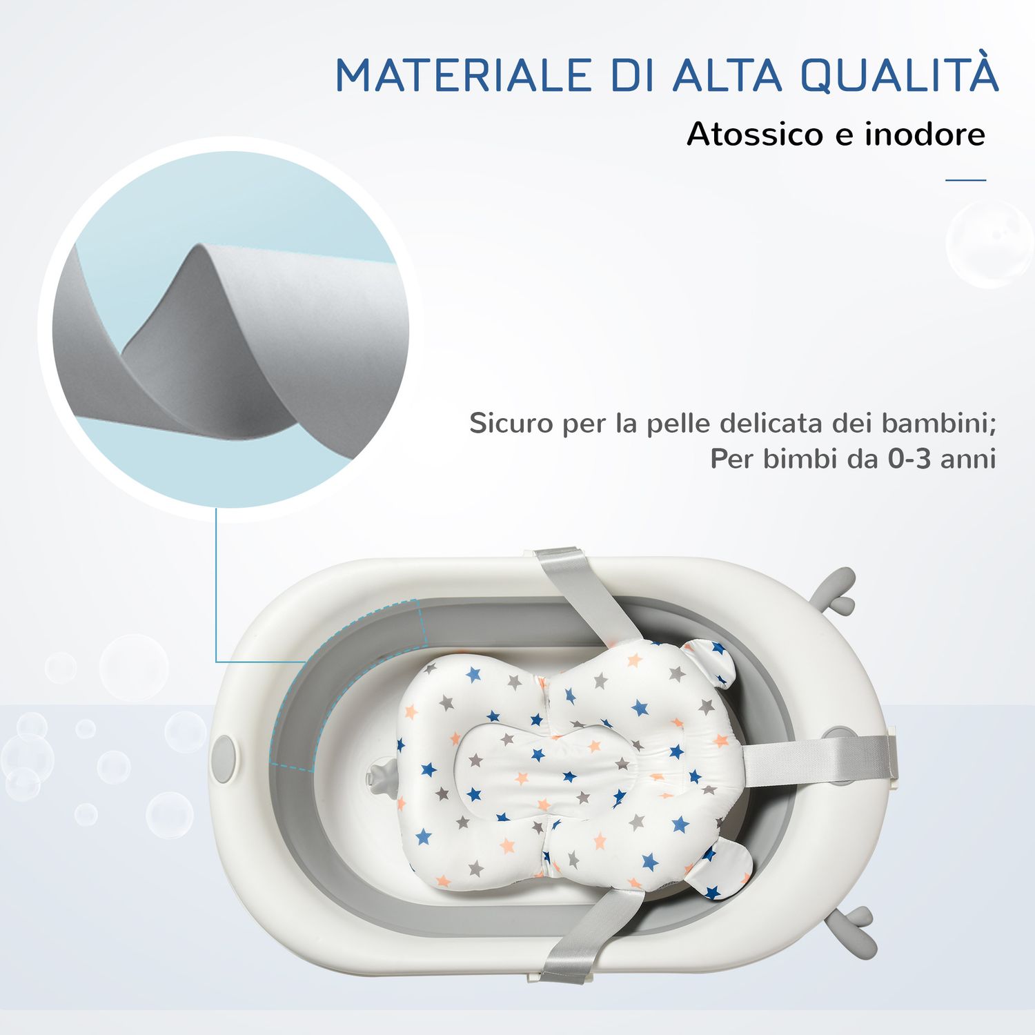 Vaschetta bagnetto pieghevole per bambini 0-3 anni con indicatore di temperatura e cuscino, 81.5x50.5x23.5cm, bianco - 