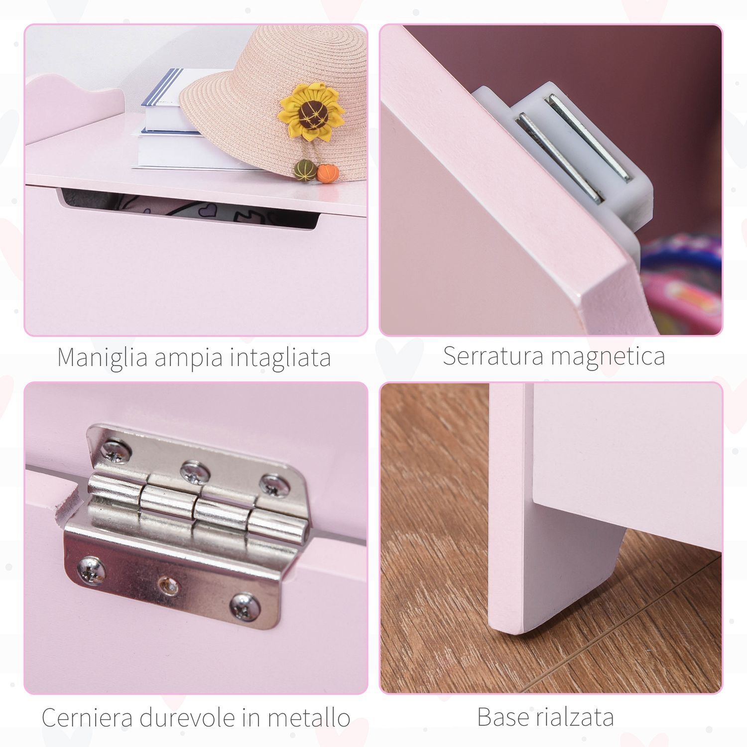Cassapanca portagiochi in legno, panca contenitore per cameretta coperchio con pistone pneumatico, 60x40x48cm, rosa - 
