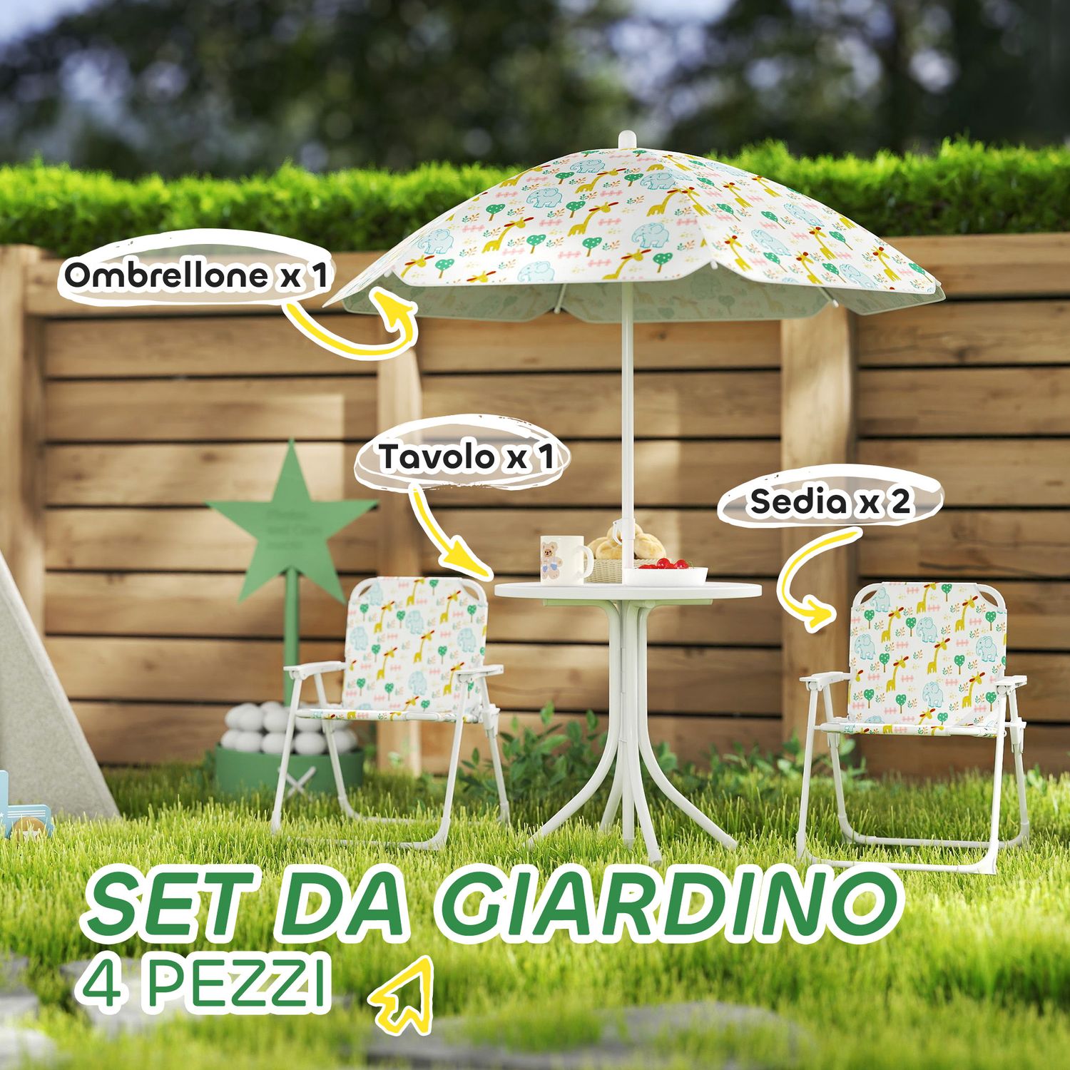 Set da giardino per bambini 2-5 anni con tavolino rotondo, 2 sedie pieghevoli e un ombrellone, bianco - 