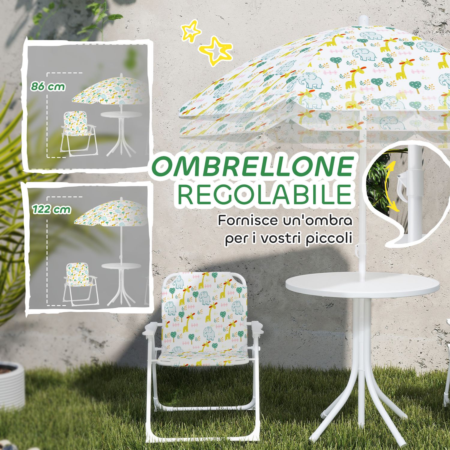 Set da giardino per bambini 2-5 anni con tavolino rotondo, 2 sedie pieghevoli e un ombrellone, bianco - 
