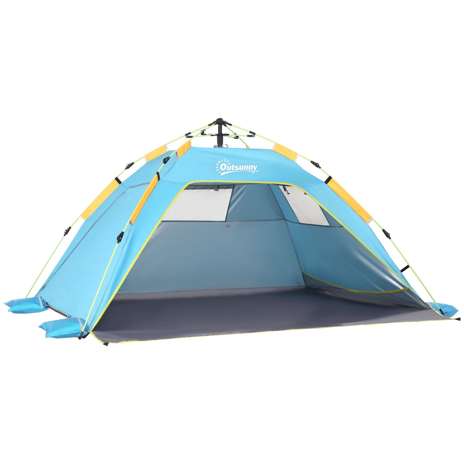 Tenda da spiaggia pop up con porta a cerniera, in poliestere e fibra di vetro, 220x173x120 cm, blu chiaro e giallo - 