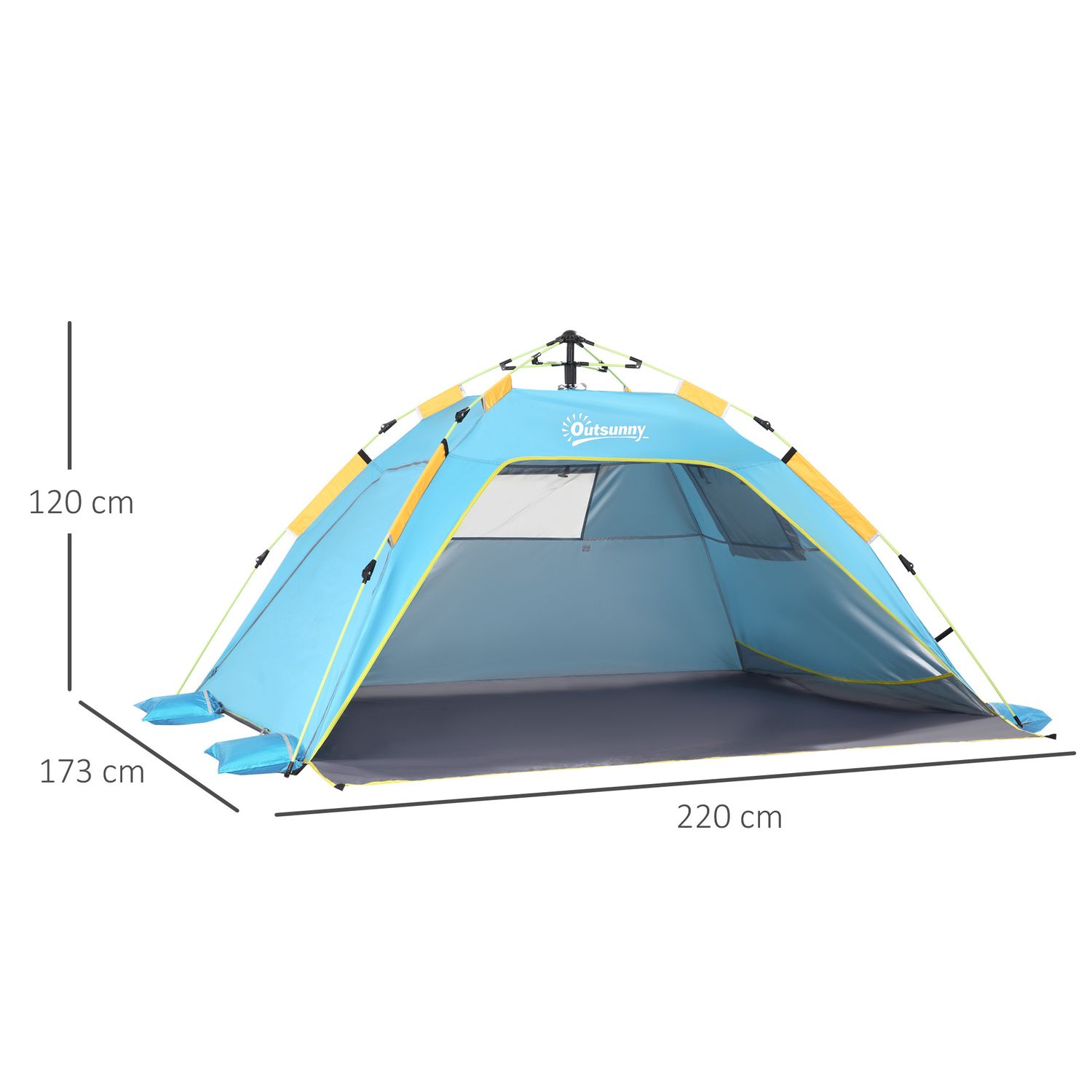 Tenda da spiaggia pop up con porta a cerniera, in poliestere e fibra di vetro, 220x173x120 cm, blu chiaro e giallo - 