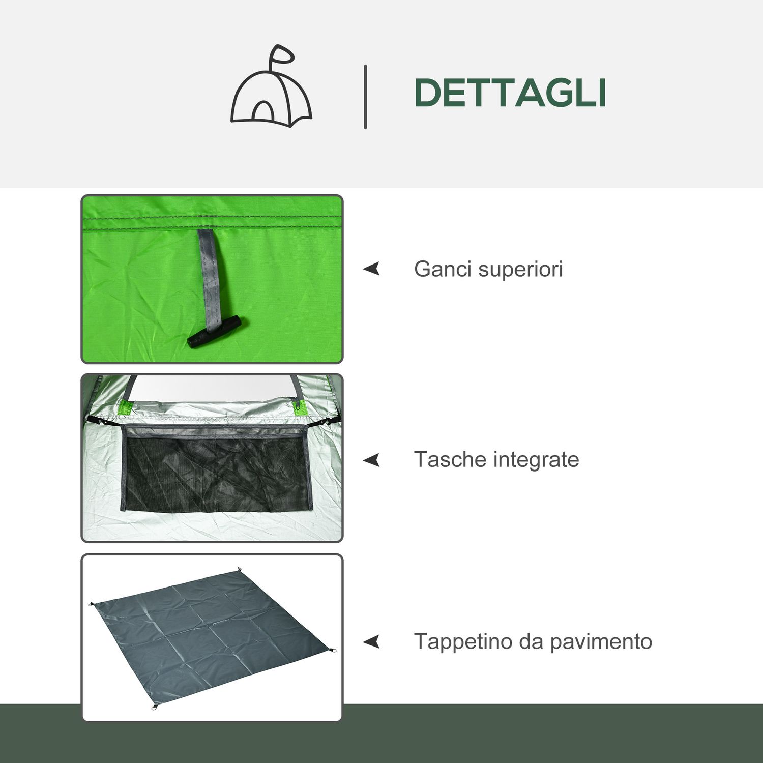 Tenda doccia da campeggio per esterni con porta a cerniera, borsa, portaoggetti e gancio, 126x124x189cm, verde - 