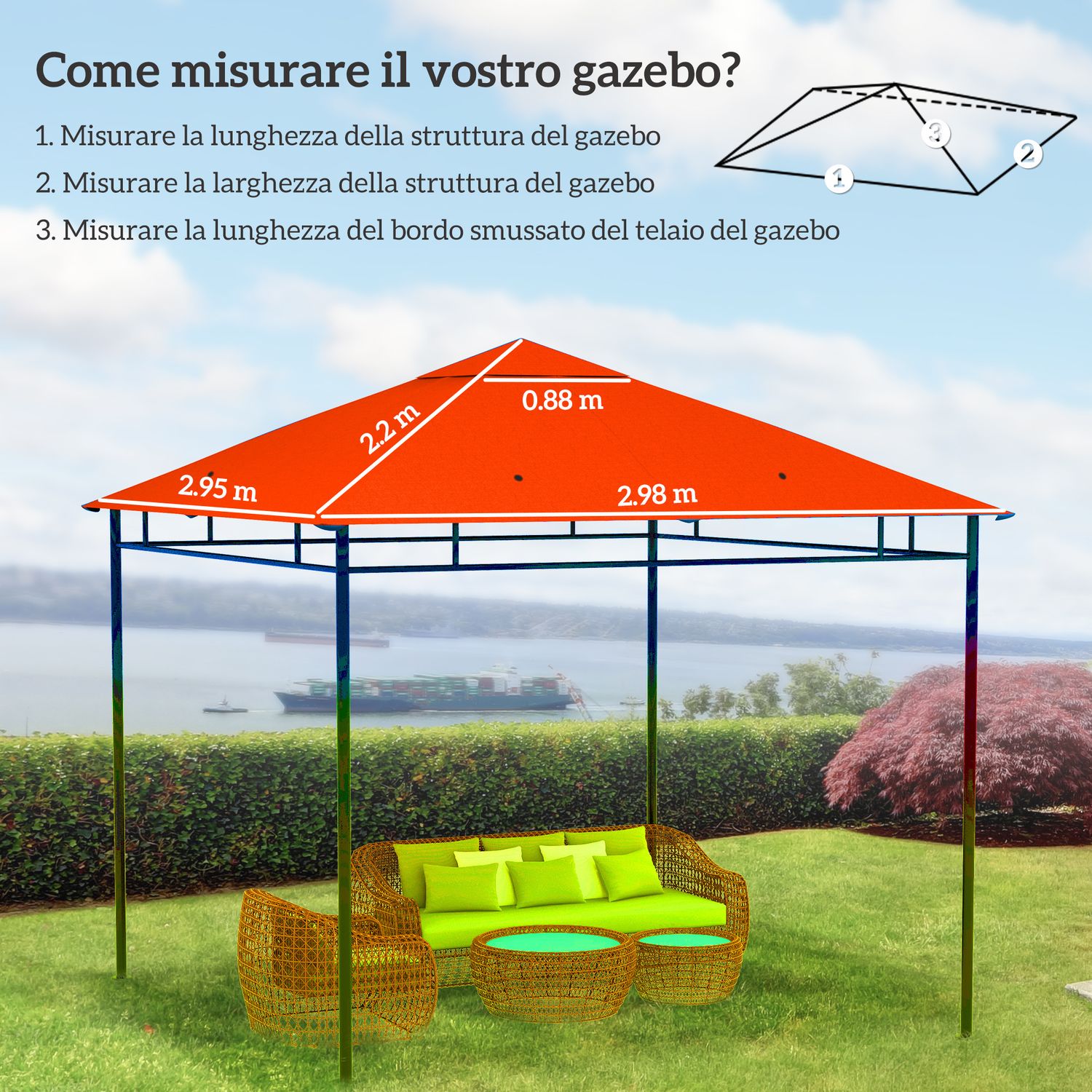 Tetto di ricambio 3x3m arancione per gazebo da giardino in poliestere con fori di ventilazione - 