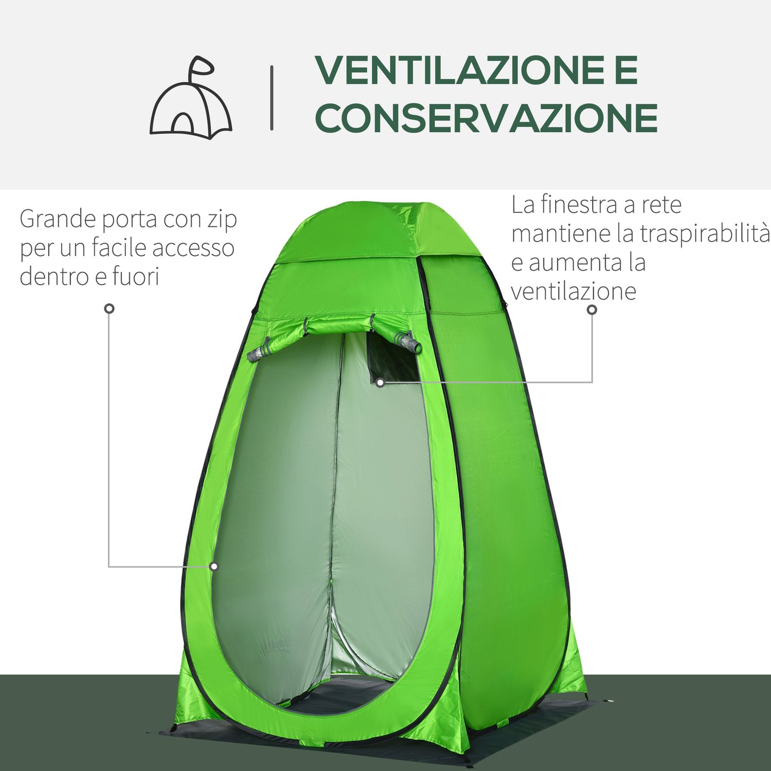 Tenda doccia da campeggio per esterni con porta a cerniera, borsa, portaoggetti e gancio, 126x124x189cm, verde - 