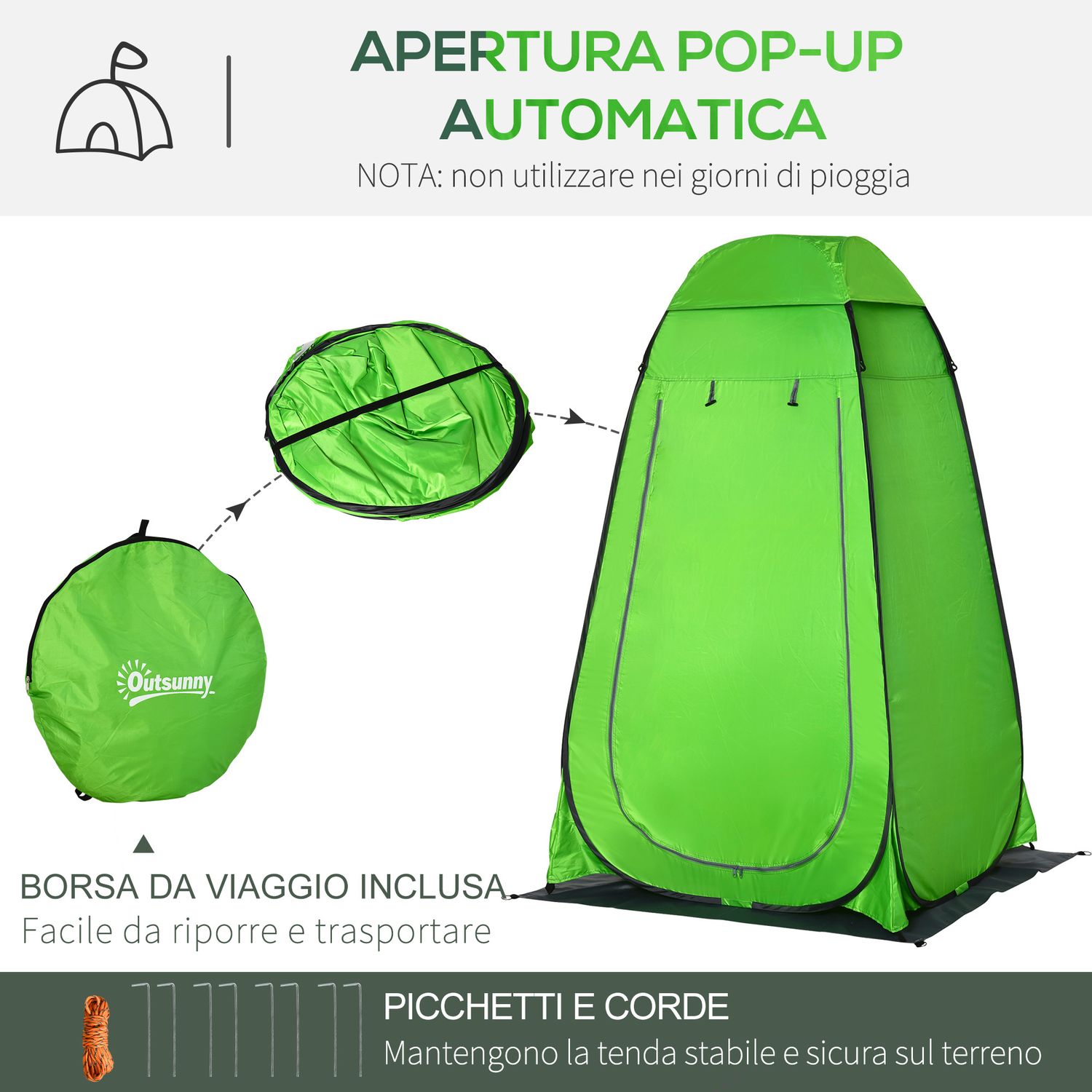 Tenda doccia da campeggio per esterni con porta a cerniera, borsa, portaoggetti e gancio, 126x124x189cm, verde - 